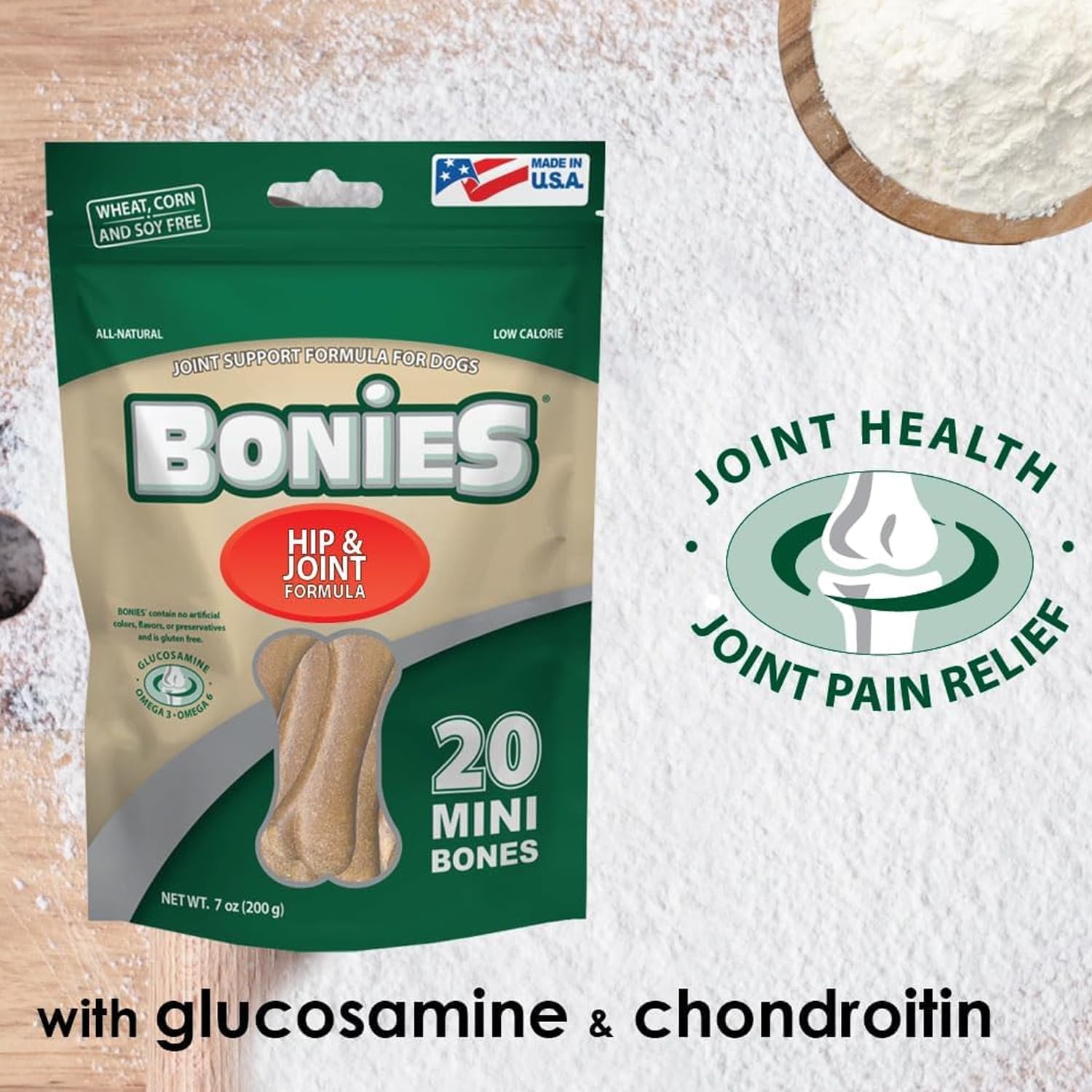 Bonies Natural Hip & Joint Formula Medium-Sized Single Bone, Glucosamine & Omega Fatty Acids, Fresh Breath, Clean Teeth, Low Calories, Chicken Flavor, [Medium Dogs], 8 Bones