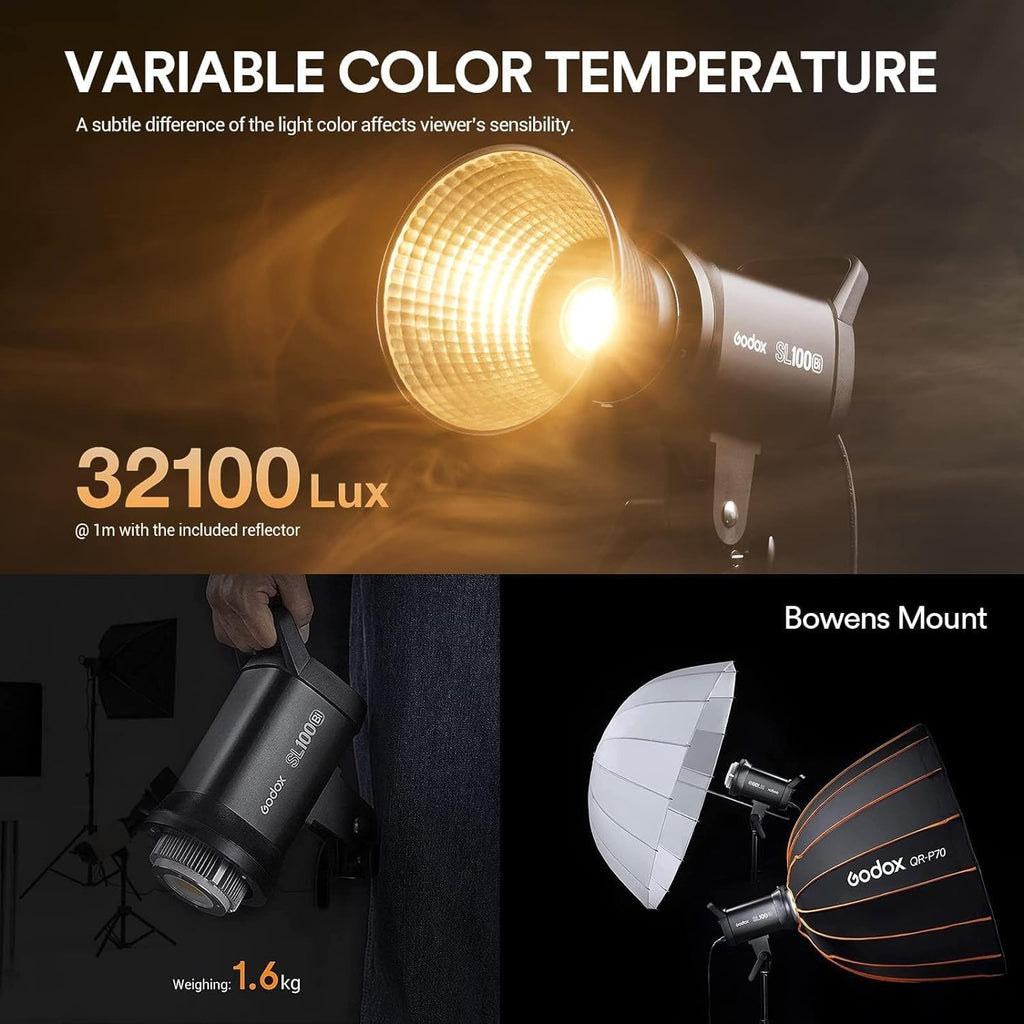Godox SL100Bi 100W Bi-Color LED Video Light, 32100Lux@1M with APP Control, 2800K-6500K CRI/TLCI 96+/97+ Studio Light, 11 FX Effects Studio LED Continuous Video Light Bowens Mount