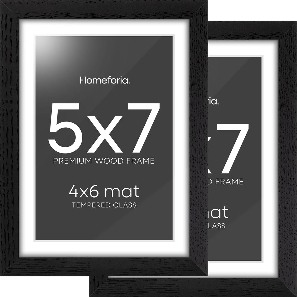 Homeforia 5x7 Picture Frame Black Wood, High End Oak 5by7 Black Wooden Frames with Mat 4x6 Print, 5 x 7 Frame Matted to 4 x 6 inch Photo, 7x5 Wall or Tabletop Frame, Tempered Glass, Wall Kit, Set of 2