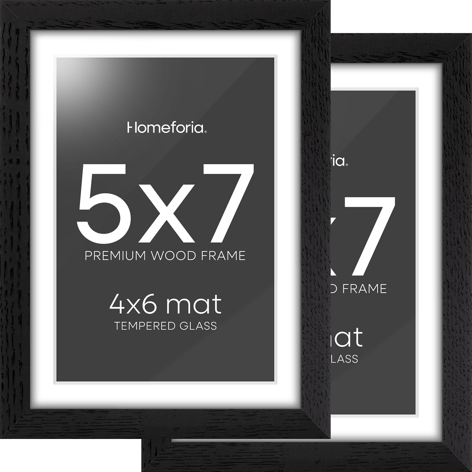 Homeforia 5x7 Picture Frame Black Wood, High End Oak 5by7 Black Wooden Frames with Mat 4x6 Print, 5 x 7 Frame Matted to 4 x 6 inch Photo, 7x5 Wall or Tabletop Frame, Tempered Glass, Wall Kit, Set of 2