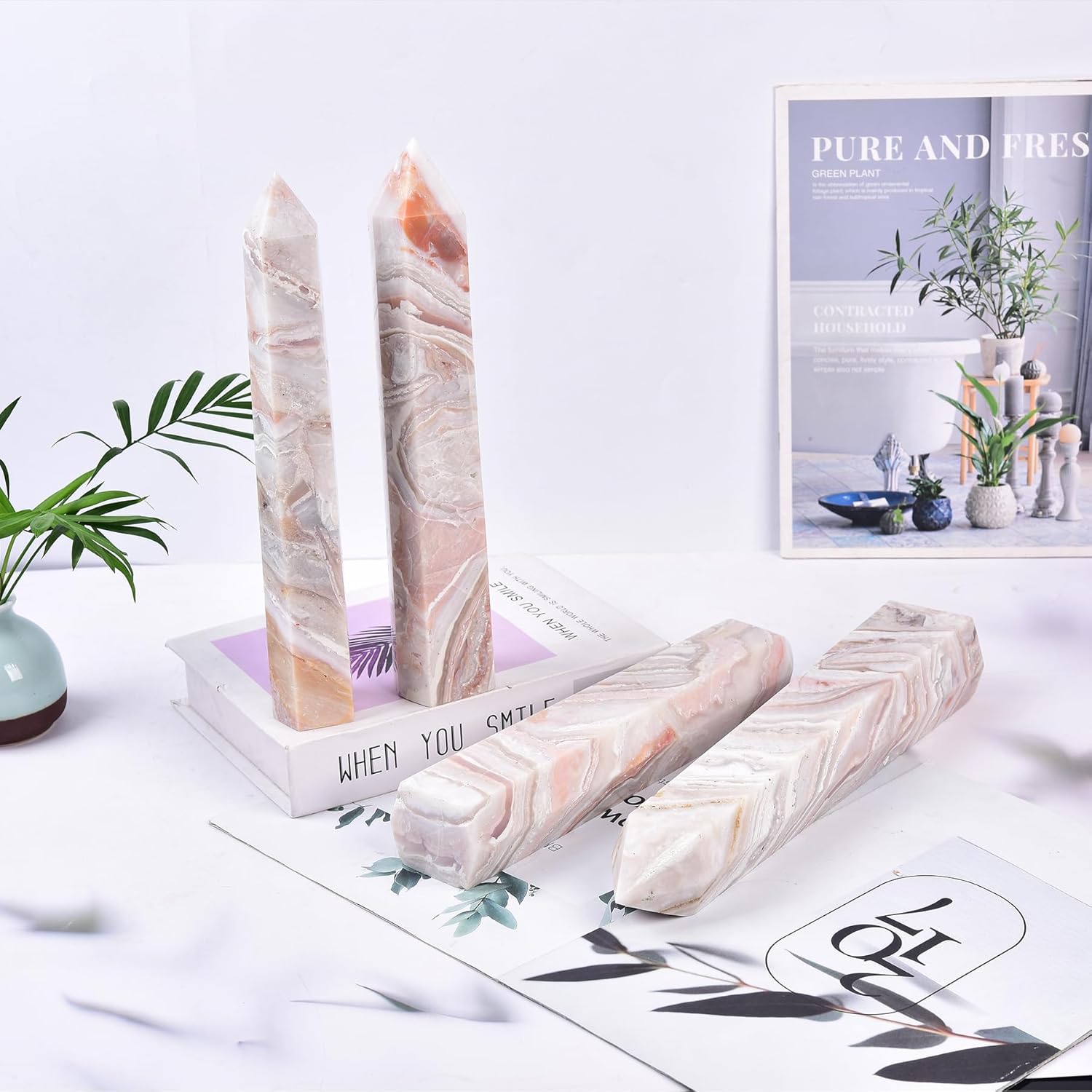 JIC Gem Large Pink Agate Crystal Obelisk Tower Natural Pink Healing Crystal Geode Druzy Point Wand 6 Faceted Reiki Meditation Therapy Decor Crystal Gift 2.6-3.0 Lbs