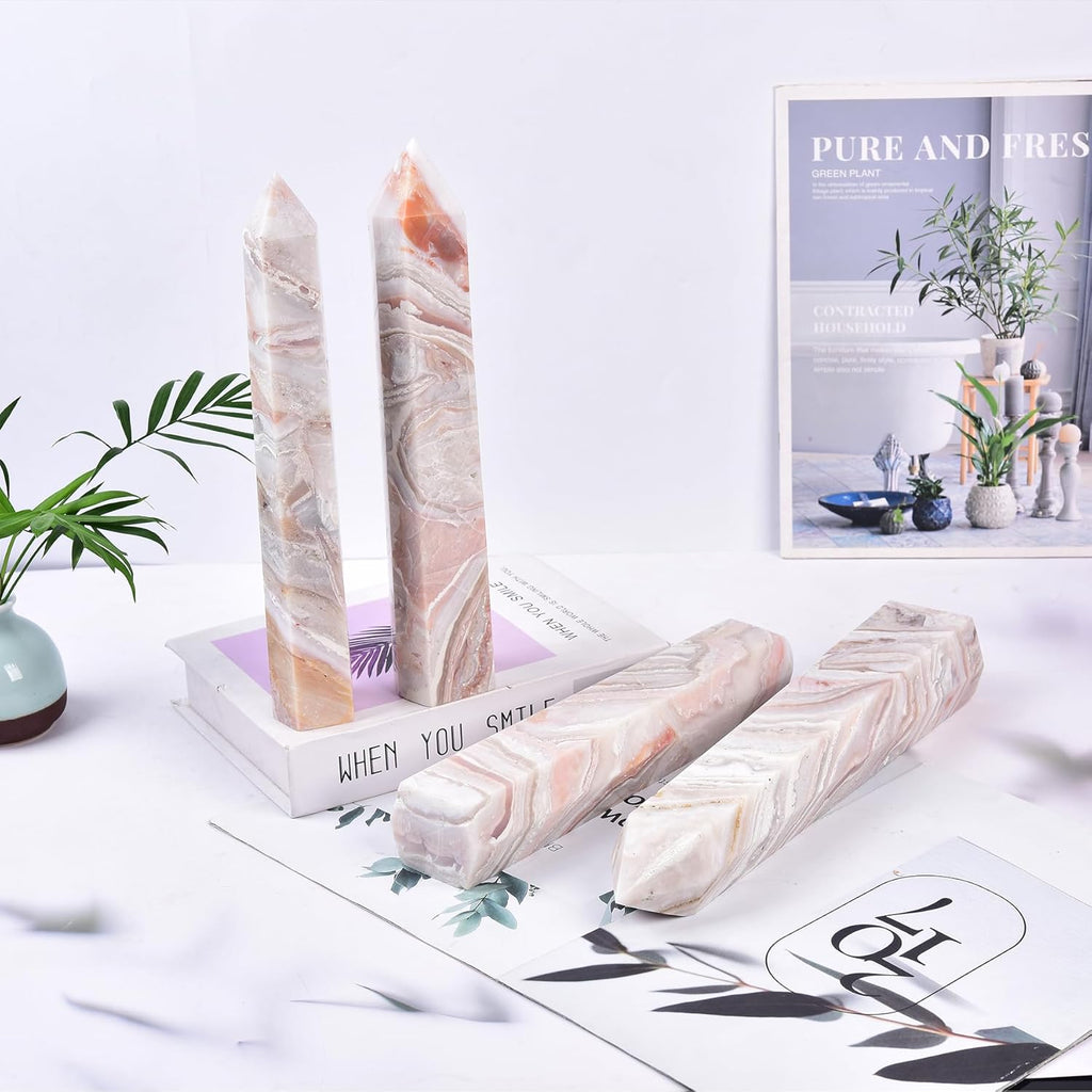 JIC Gem Large Pink Agate Crystal Geode Tower Wand Natural Pink Healing Crystal Obelisk 6 Faceted Reiki Chakra Meditation Therapy Home Decor Crystal Gift 2.2-2.6 Lbs