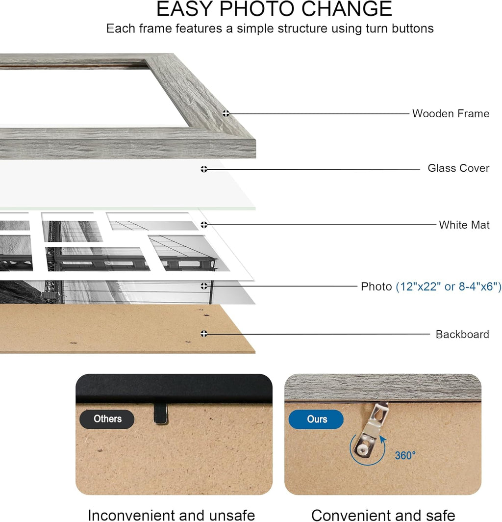 12x22 Picture Frame Set of 2, Grey with Glass Collage Frame, Display Eight Opening 4x6 Photos With Mat or 12 x 22 Newspaper Without Mat - Horizontal or Vertical Wall Mounting