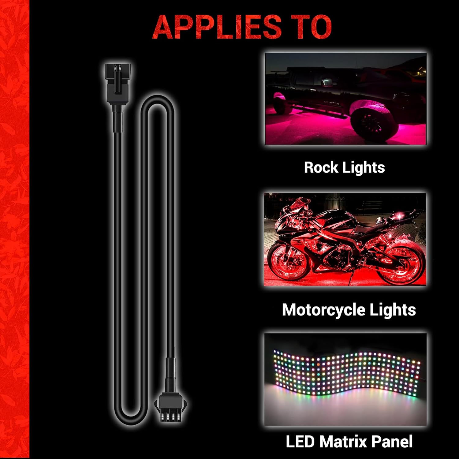 4PCS 40 inch 4Pin Extension Cords and 2PCS 2-Way Splitters for LED Motorcycle ATV Trikes Golf Car Light Multi-Color Neon Strip