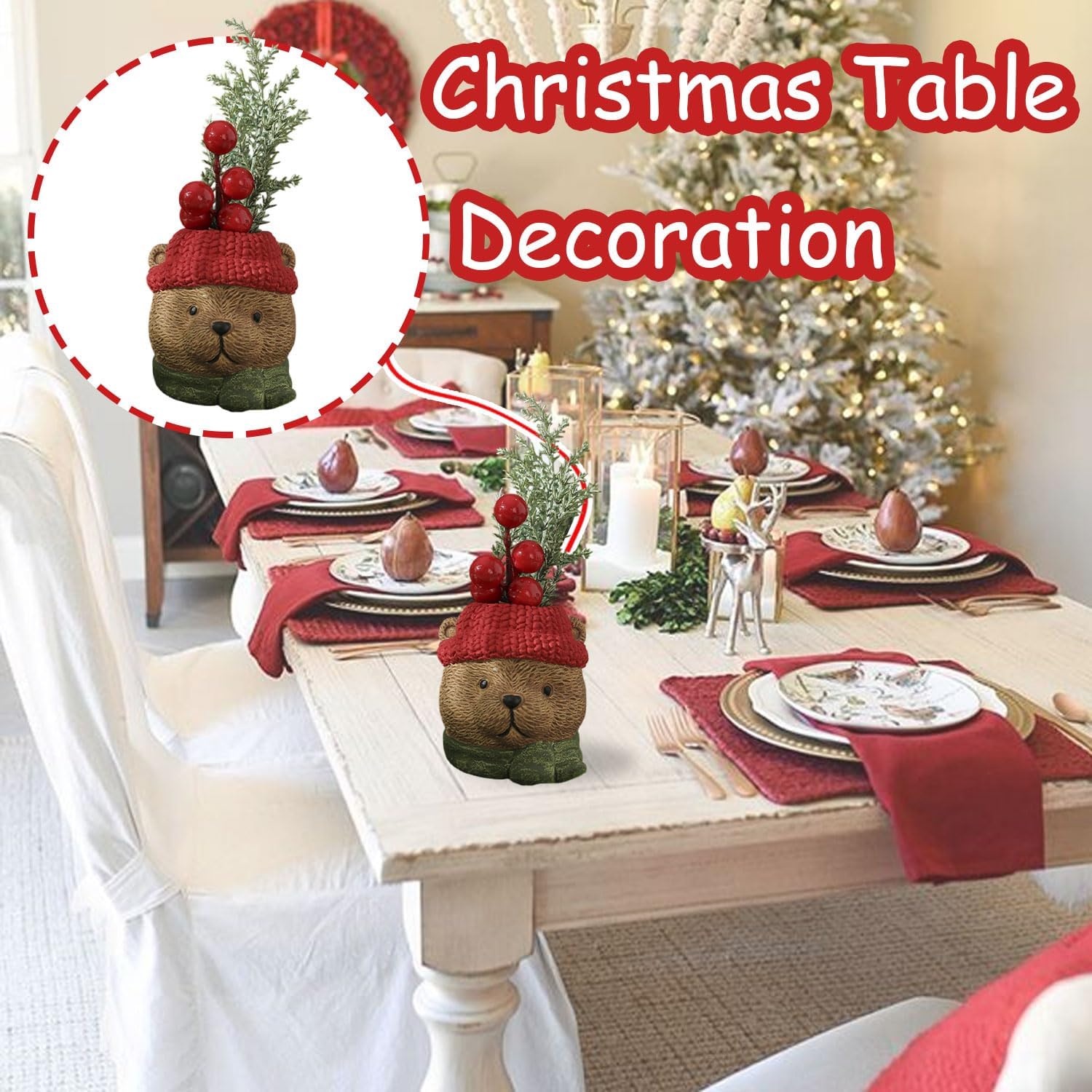Christmas Table Decorations Artificial Mini Christmas Tree Decorations for Tables Fake Red Berry ＆ Pine Branch with Winter Bear Base Small Xmas Tree Tabletop Decor for Indoor Home Fireplace Mantel