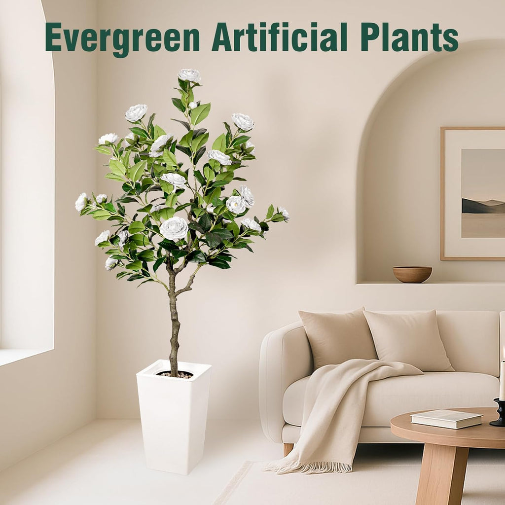 5Ft Artificial Camellia Tree in White Pot, White Faux Plant Indoor Outdoor (61"), Tall Flower Plant for Porch & Living Room Office Decor