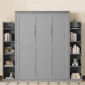Queen Murphy Bed with Storage Shelves and LED Lights, Wood Grey Murphy Wall Bed Cabinet with Bookcase Bookshelf for Adults