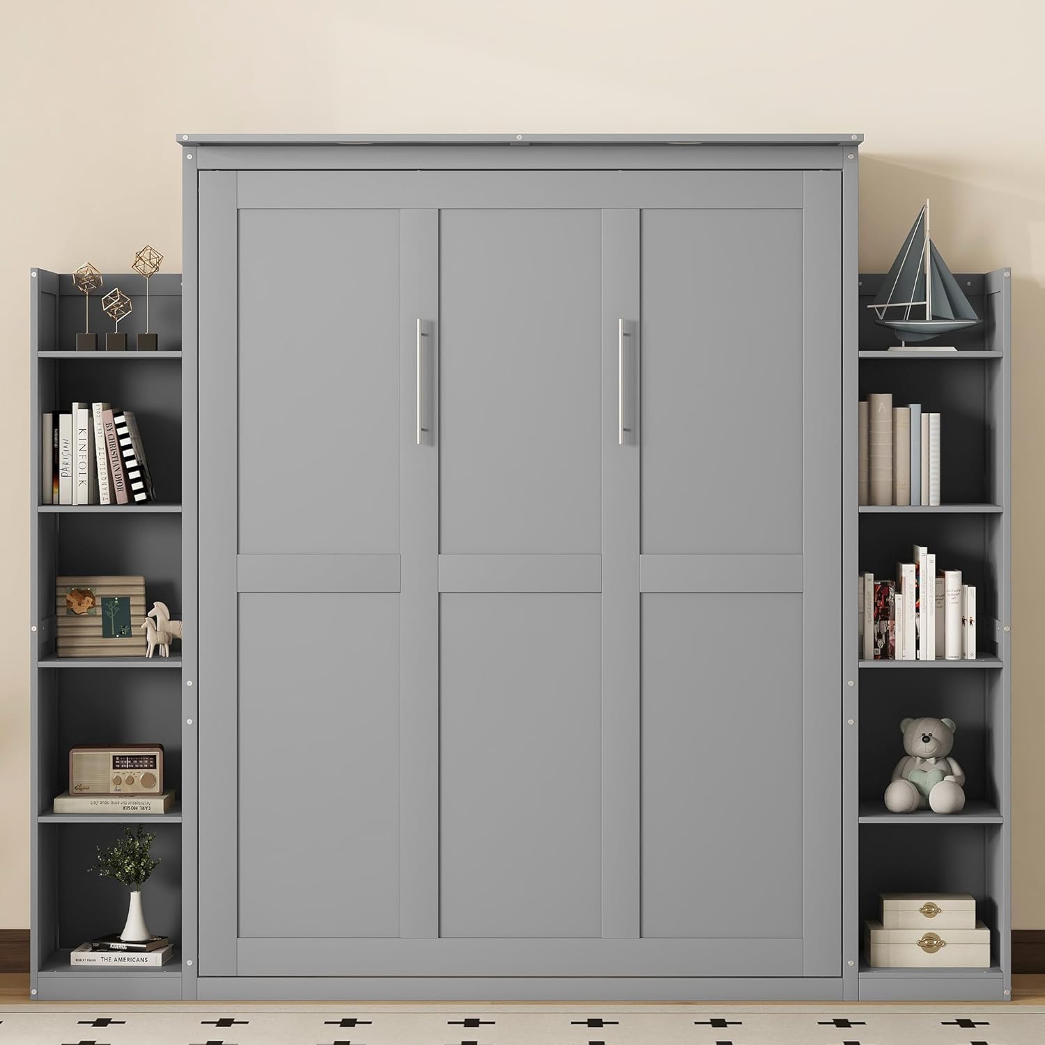 Queen Murphy Bed with Storage Shelves and LED Lights, Wood Grey Murphy Wall Bed Cabinet with Bookcase Bookshelf for Adults