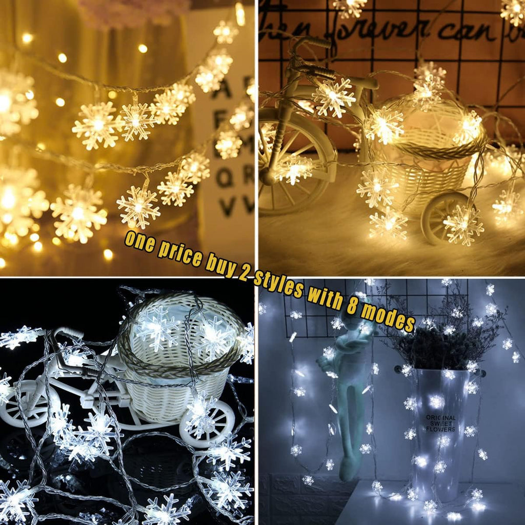 WesGen Christmas Lights,Color Change Snowflake String Lights Battery Operated Waterproof 20ft, 40LED for Xmas Garden Patio Bedroom Party Decor Christmas Decorations,Eight Modes, Warm White & White