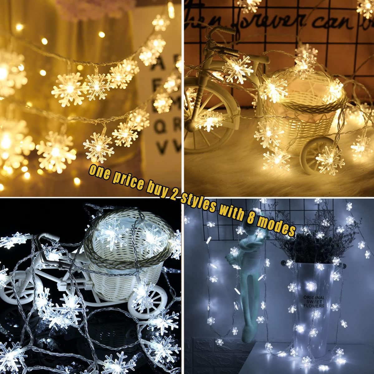 WesGen Christmas Lights,Color Change Snowflake String Lights Battery Operated Waterproof 20ft, 40LED for Xmas Garden Patio Bedroom Party Decor Christmas Decorations,Eight Modes, Warm White & White