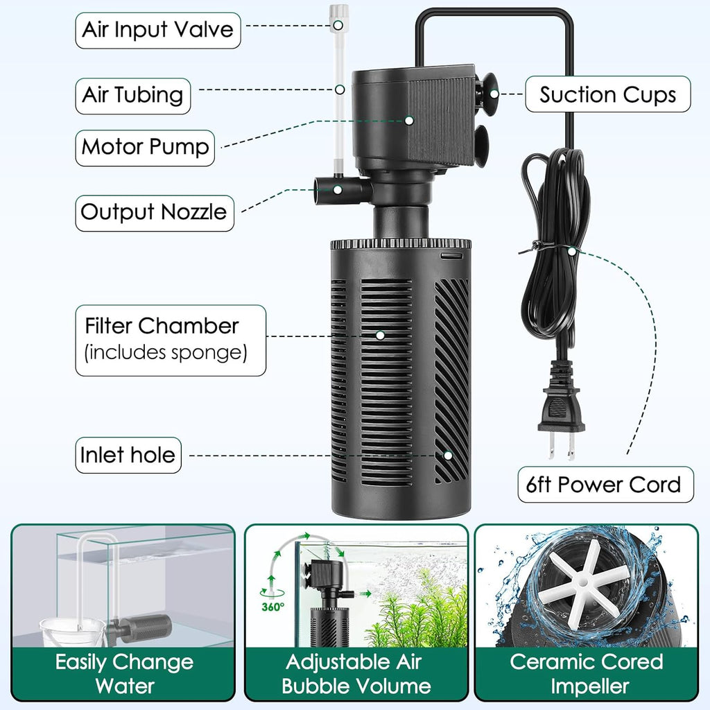 hygger 10-30 Gallon Submersible Aquarium Internal Filter In-Tank Filtration with Aeration for Saltwater and Freshwater Fish Tank Filters 210 GPH
