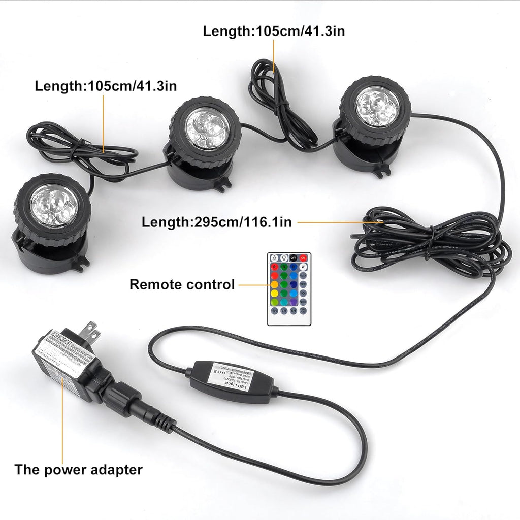 RGB Pond Lights with Timer, LED Underwater Submersible Colorful Landscape Spotlights, 98ft Remote Control IP68 Waterproof Fountain Lights for Fish Aquarium Tank Garden Yard Pool (Set of 3)