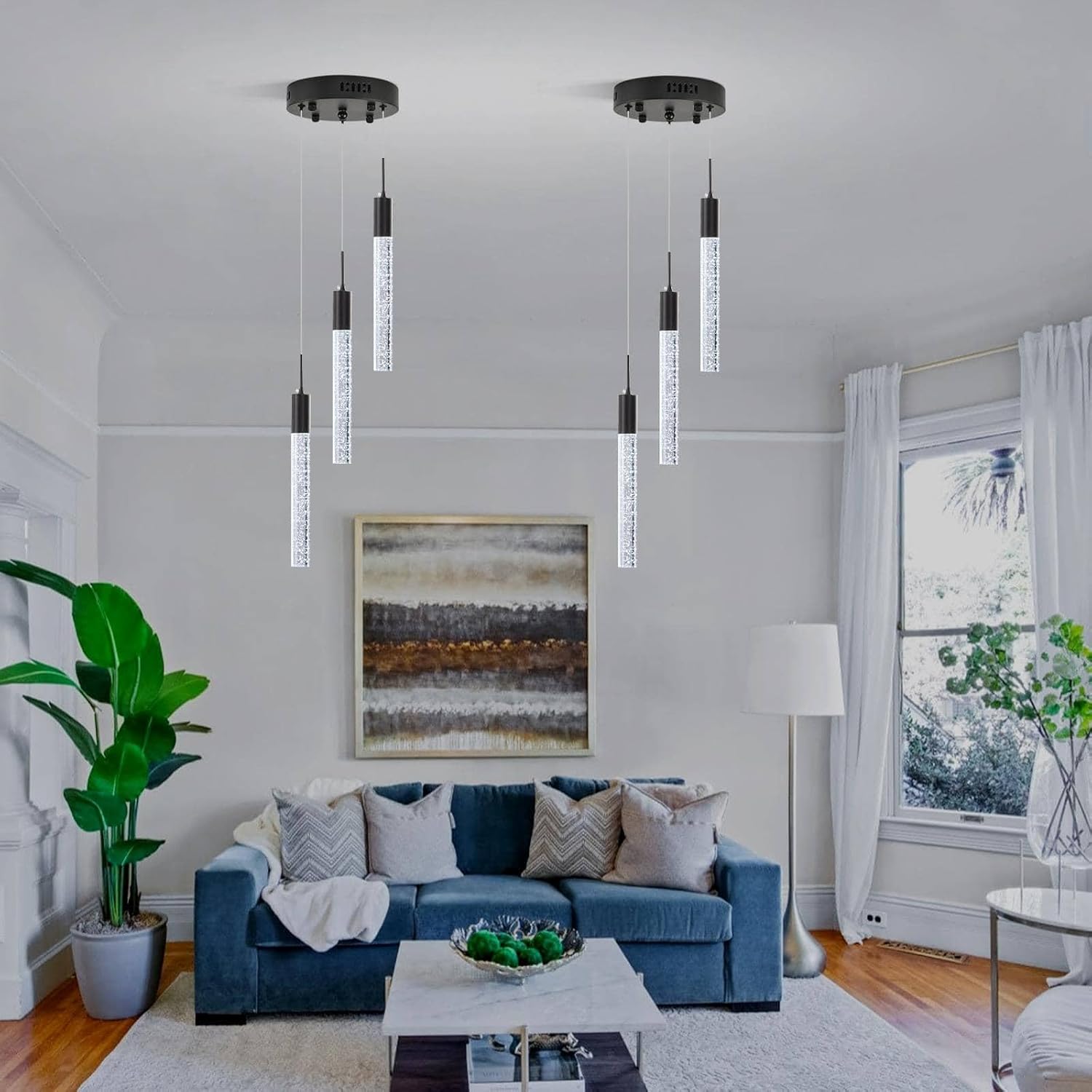 Modern Crystal Chandelier 3-Lights, Spiral LED Raindrop Kitchen Island Pendant Lighting, Bubble Foyer Dinimg Room Hanging Light Fixture Remote Control Black