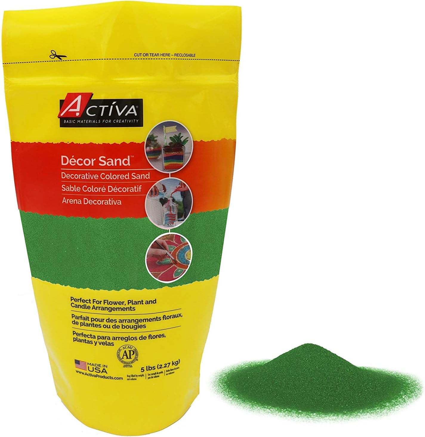 Activa Light Green Decorative Colored Sand in Resealable Bag, 5lb (2.27kg) | Fine Grain & Fade-Proof Sand for Arts & Crafts