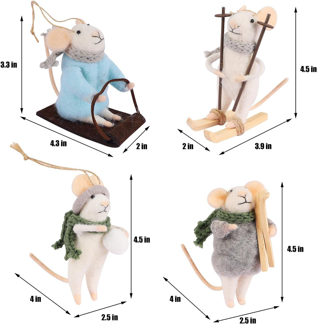 Juegoal Felt Skiing Mice Ornaments Set of 4, Winter Xmas Wool White Mouse Hanging Decor, Felt Animal Crafts Woodland Cute Christmas Tree Wreath Decor for Home Party Supplies