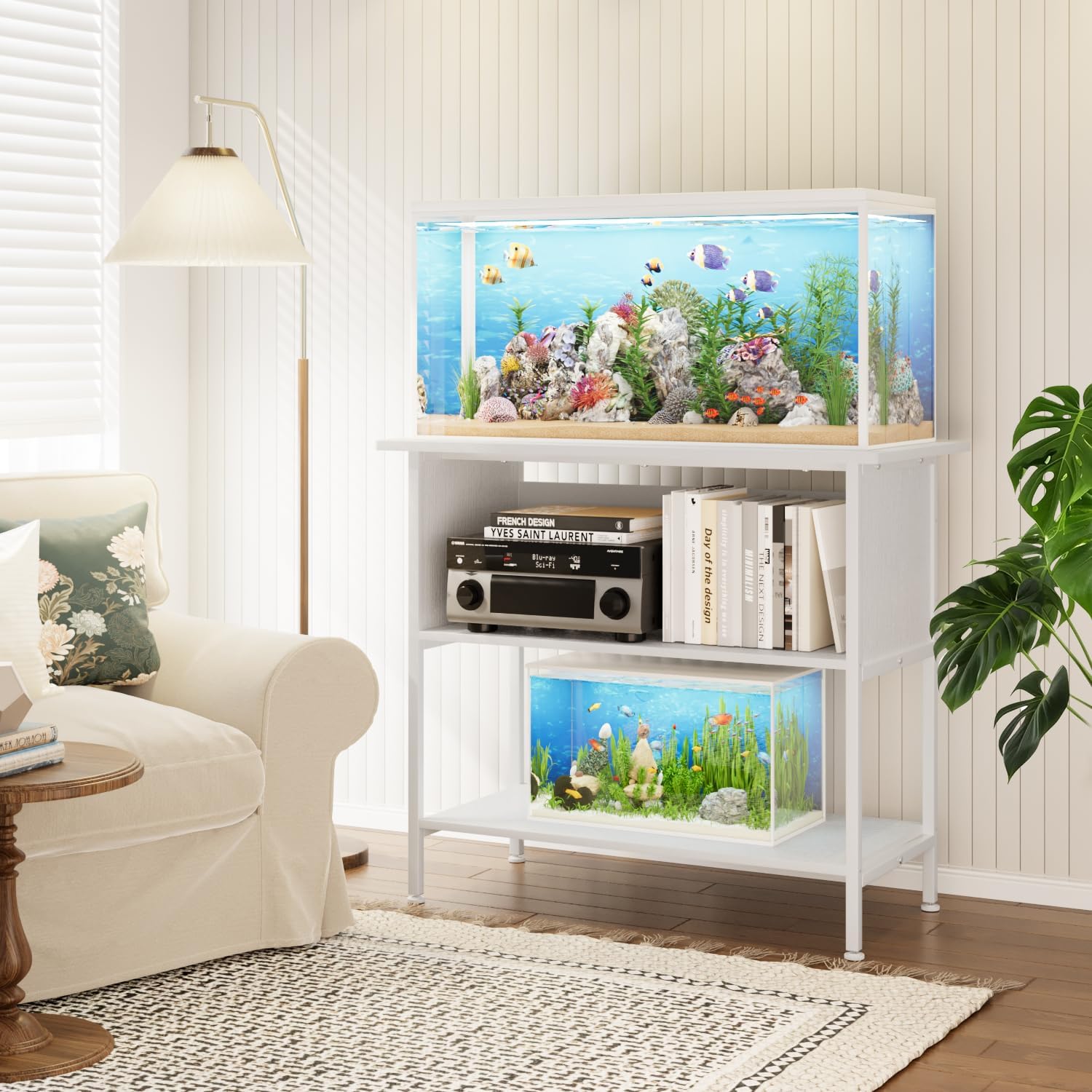 APPLOYN 40-50 Gallon Fish Tank Stand, Aquarium Stand with 3-Tier Storage Shelf, Heavy Duty Metal Frame for Turtle Reptile Terrarium Tank Stand, for Living Room, Office, 36.6" L x 18.9" W x 31.5" H, White