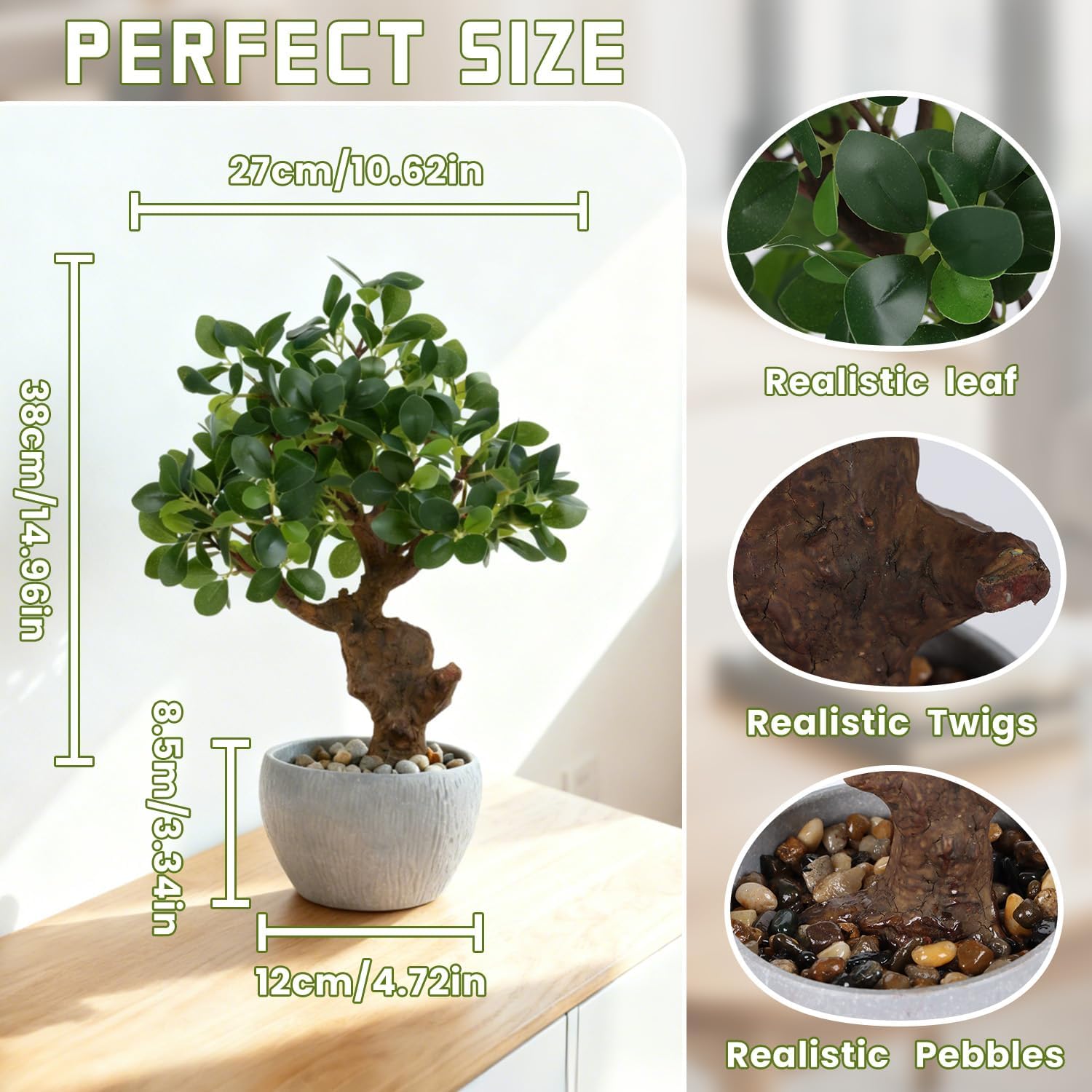 TOARTi Artificial Bonsai Tree Potted Plant with Stone Pot, 15" Tall Fake Potted Faux Plant Desk Decor, Realistic Decorative Plants Indoor Decor for for Home Bedroom Bathroom Office Desk
