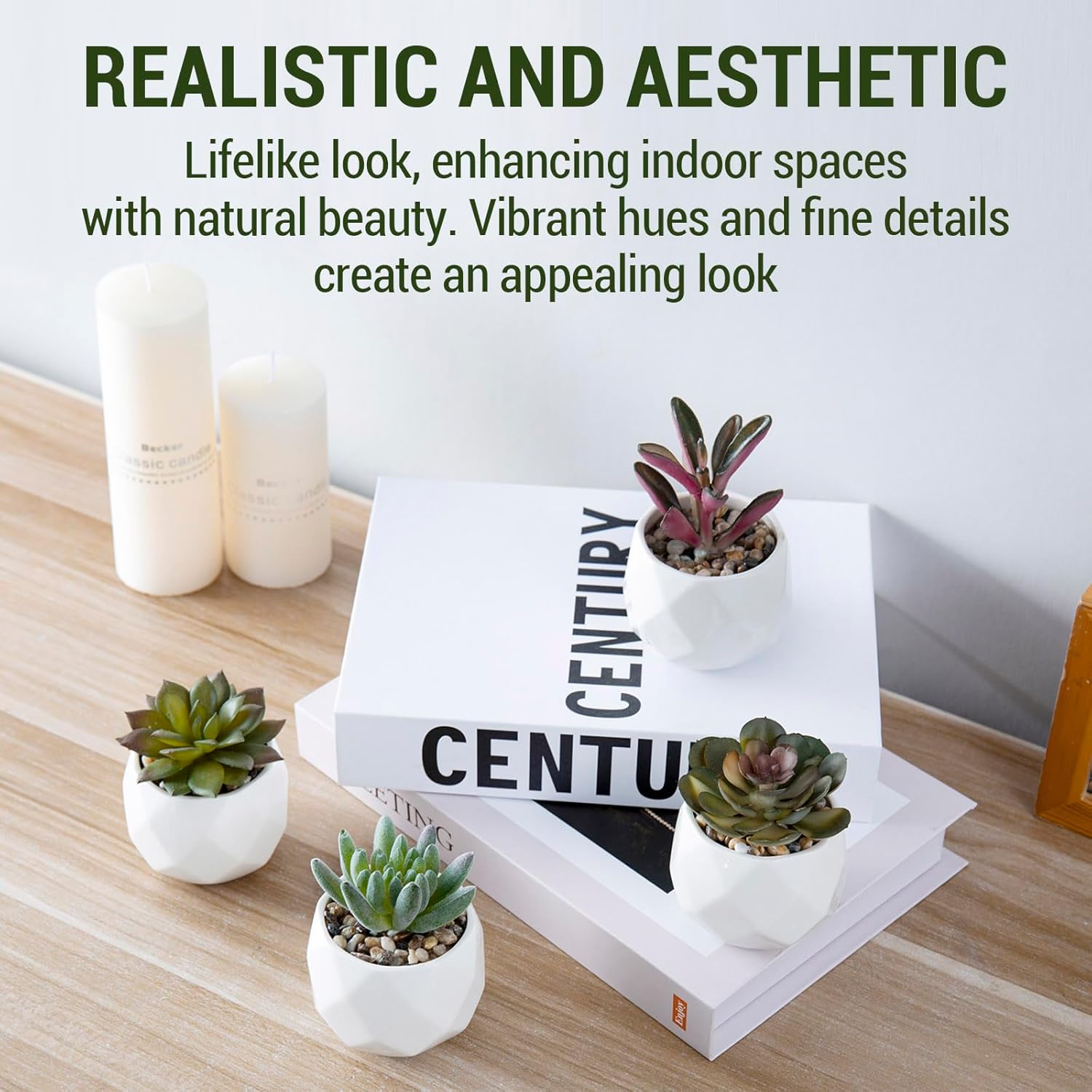 MyGift Miniature Artificial Succulents, Indoor Fake House Plants in Round White Geometric Ceramic Pots, Set of 4