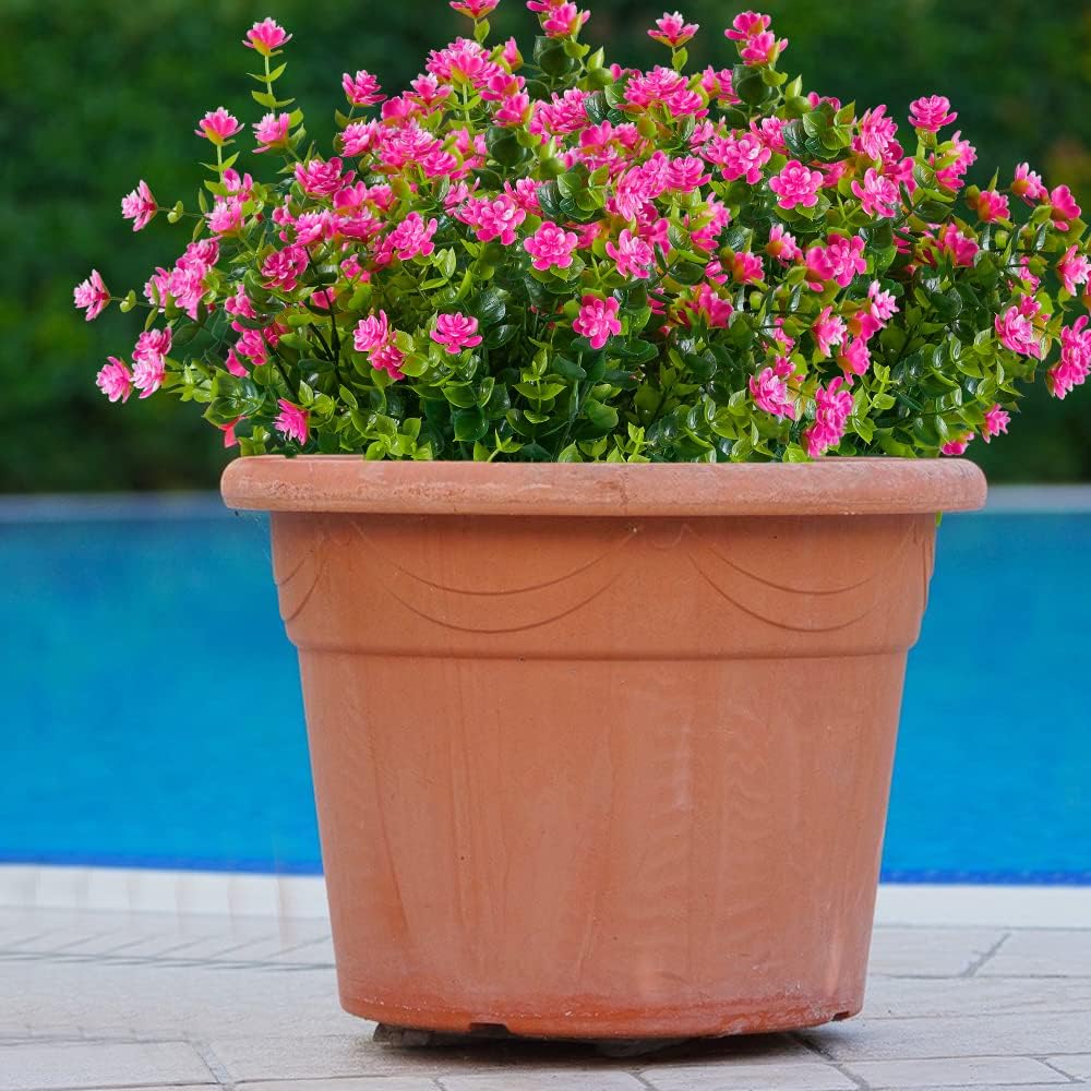 8 Bundles Artificial Flowers, Fake Artificial Greenery UV Resistant No Fade Faux Plastic Plants for Wedding Bridle Bouquet Indoor Outdoor Home Garden Kitchen Office Table Vase(Pink)