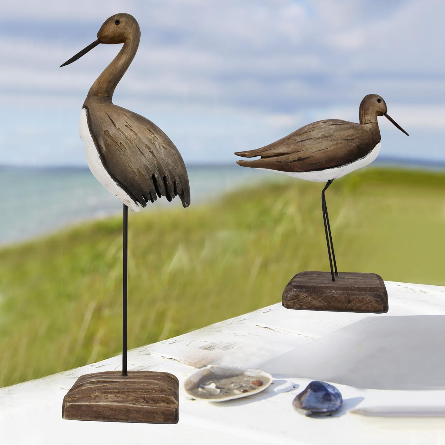 Wood Bird Statue Nautical Decor Decorative Sea Birds Sculpture Wooden Tabletop Figurine Coastal Ocean Beach Themed Decoration for Home Yard Bathroom Living Room (6.7" + 12.4" H)