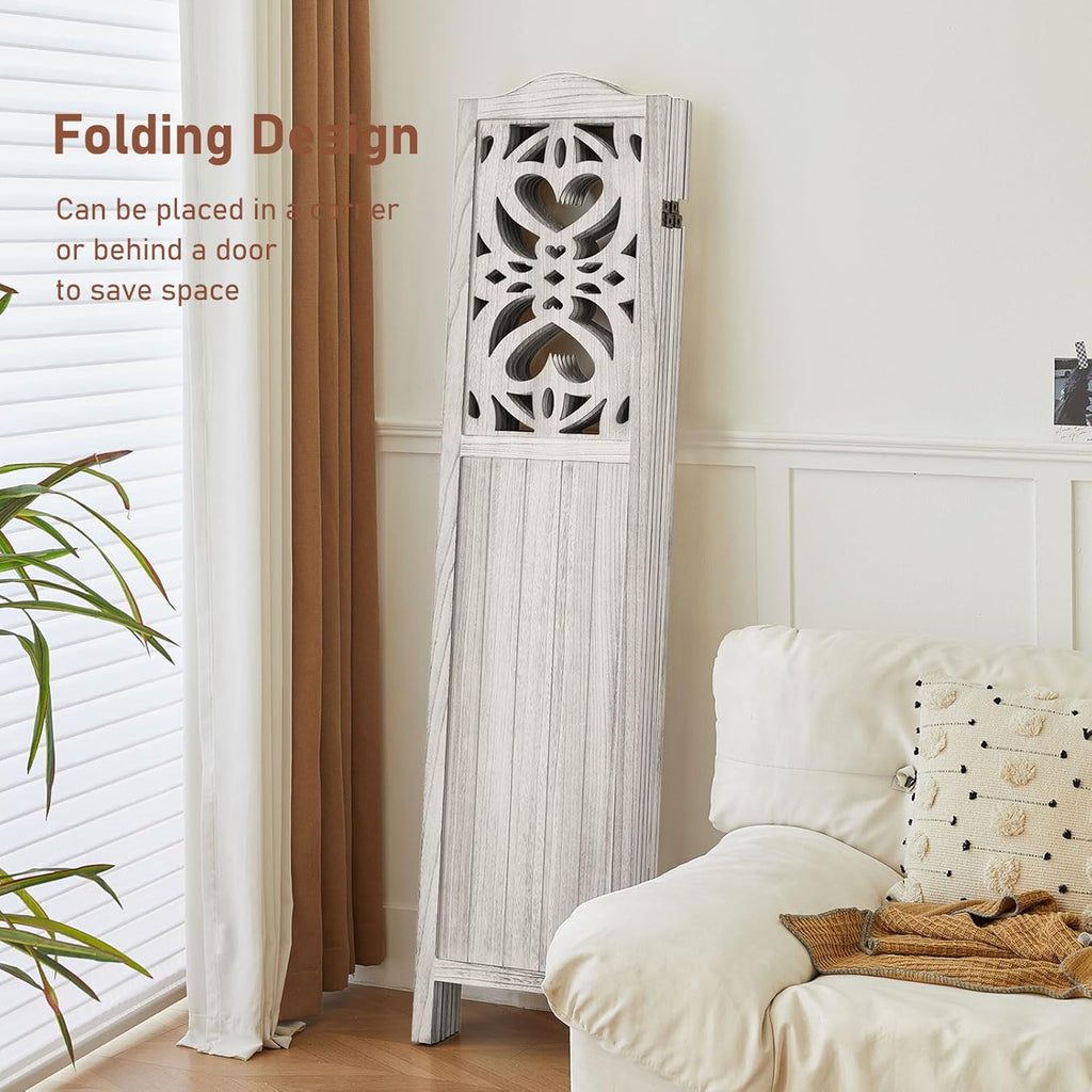 6 Panel Room Divider Fully Assembled, Carved Room Dividers and Folding Screens, 5.6Ft Wood Room Divider Screen Freestanding Partition Wall Dividers for Home Bedroom Office, Rustic White
