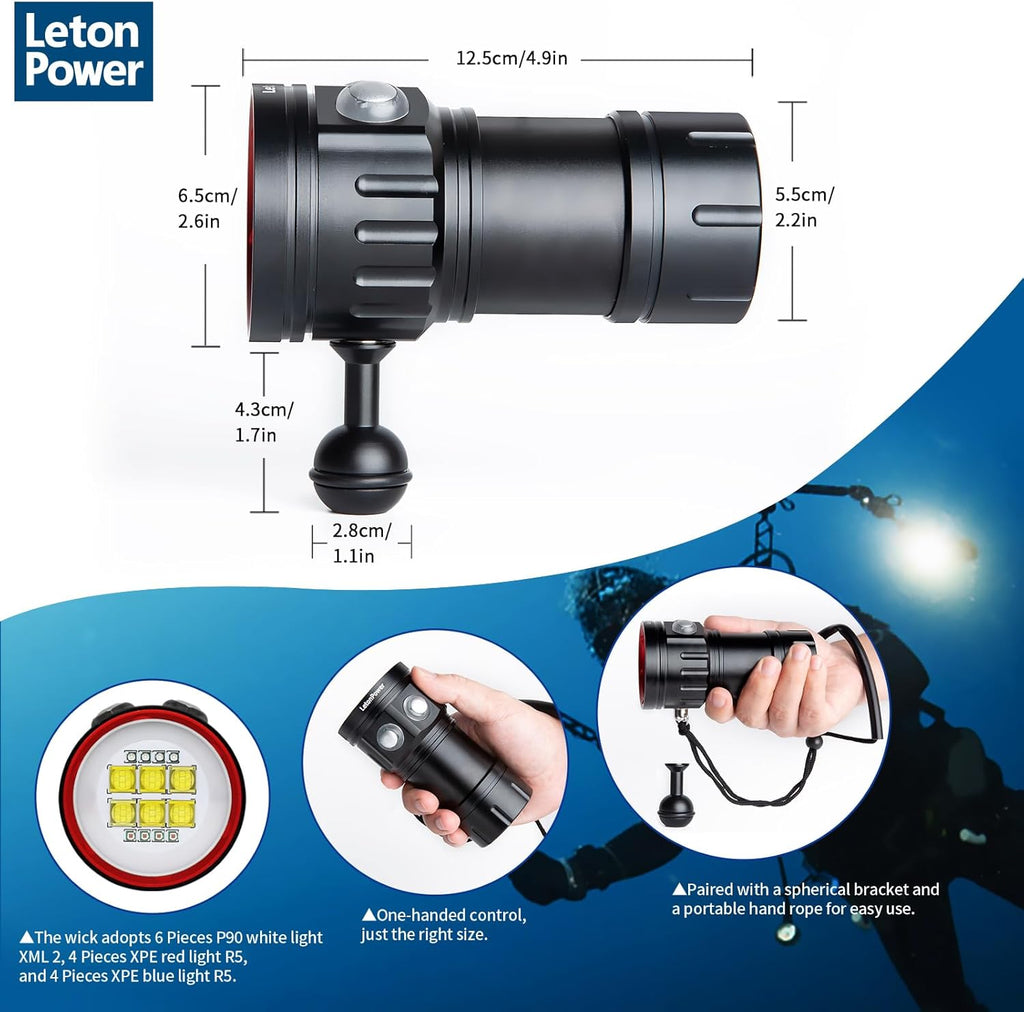 B24 Dive Light Underwater Flashlight 9000Lumens Underwater Video Lights 80m Scuba Dive Light Diving Flashlight for Under Water Sports,Underwater Video Shooting and Photography