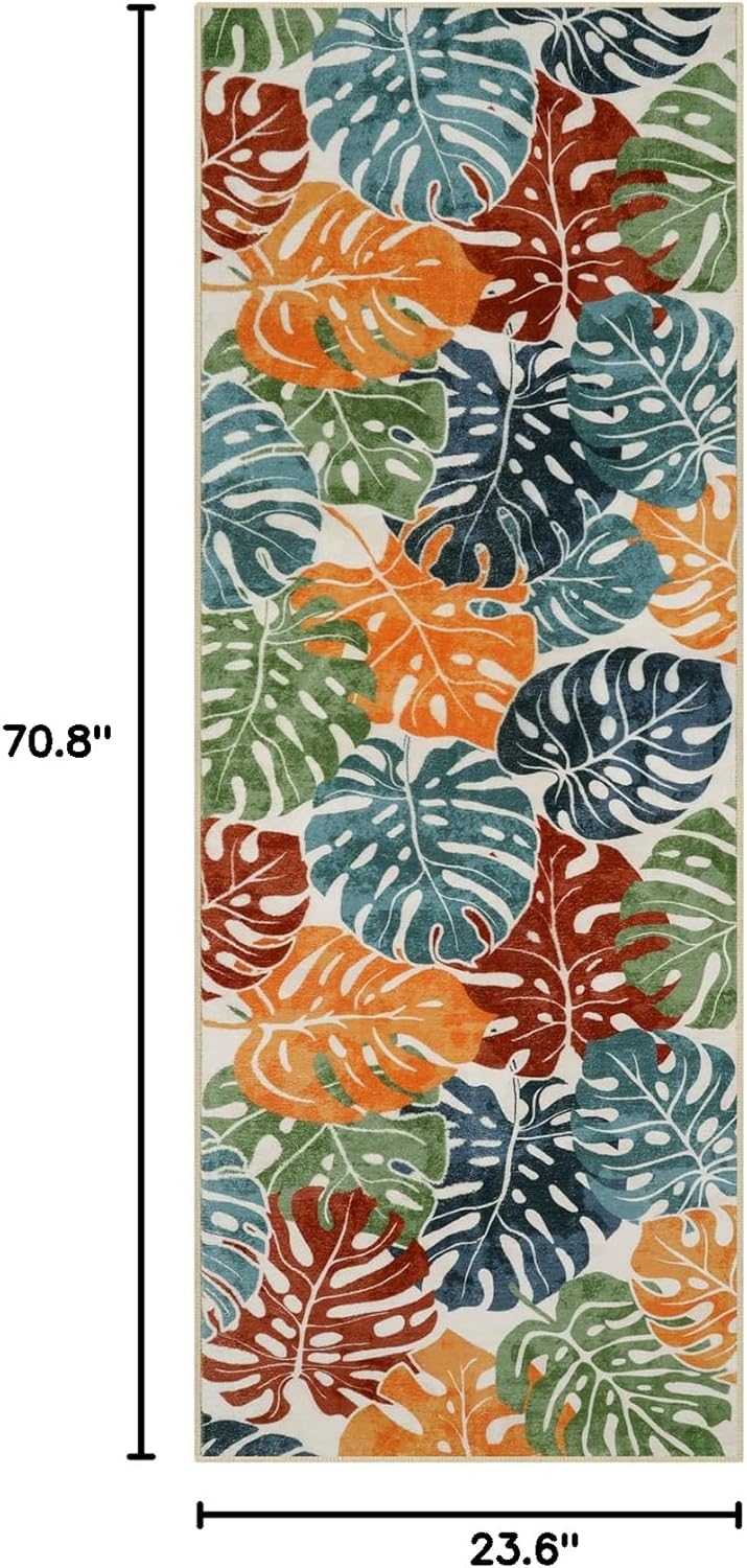 Wonnitar Tropical Washable Runner Rug 2x6, Non-Slip Colorful Leaf Runner Rugs for Kitchen, Low Pile Coastal Soft Bathroom Carpet Floor Throw Mat for Laundry Room Entrance Hallway