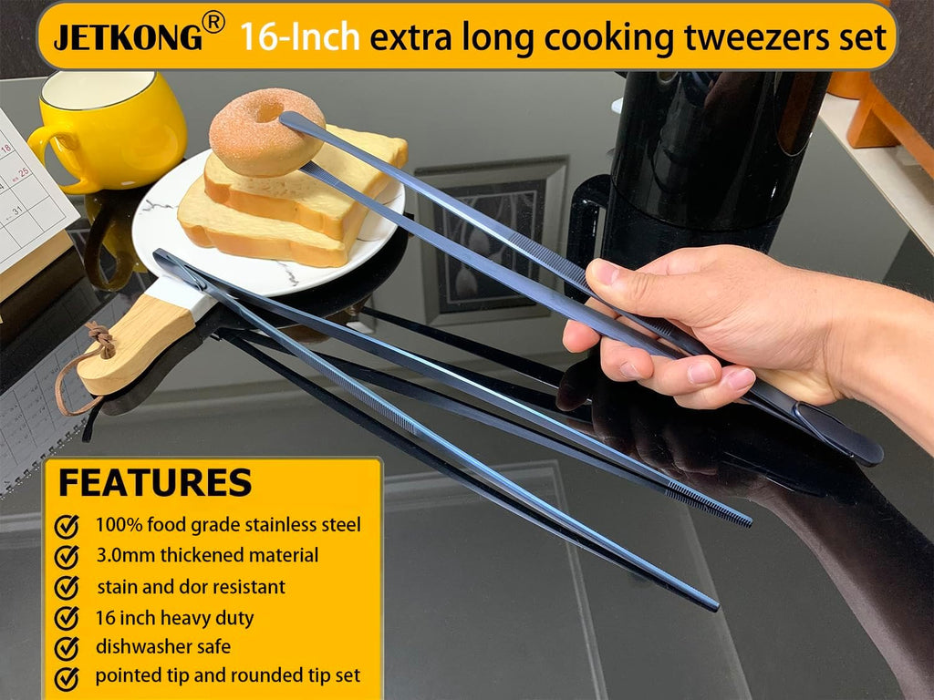 JETKONG 2 Pcs 16-Inch Heavy Duty Cooking Tweezers Extra Long Stainless Steel Kitchen Tweezers Large Plating Tongs (Navy Blue)
