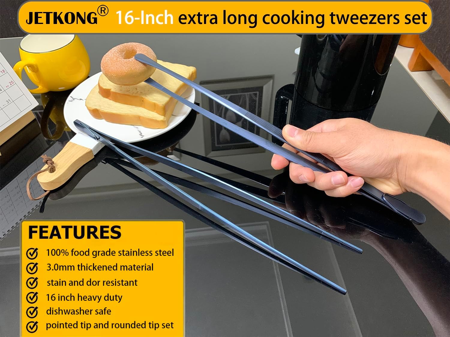 JETKONG 2 Pcs 16-Inch Heavy Duty Cooking Tweezers Extra Long Stainless Steel Kitchen Tweezers Large Plating Tongs (Navy Blue)