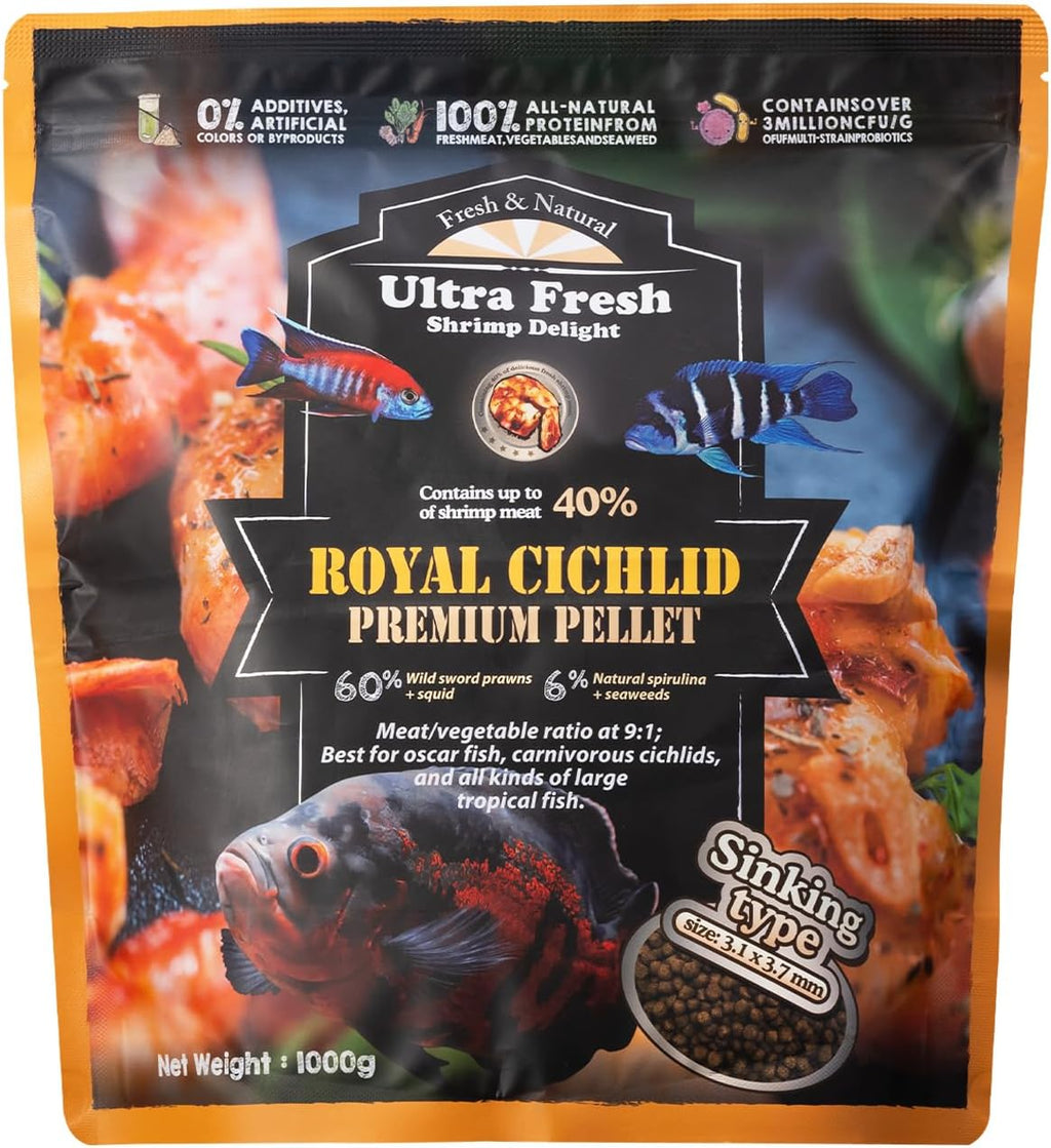 Ultra Fresh Cichlid Sinking Fish Food, Wild Sword Prawns, All Natural Ingredients, Carnivore Pellets for Large Cichlid and Tropical Fish, Royal Cichlid Premium Pellet 2.2 Pound