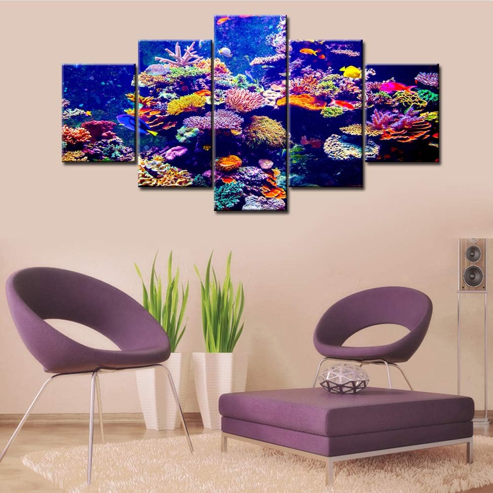 Ocean Wall Art for Living Room Coral Reef Pictures Underwater World Paintings Multi Panel Printed on Canvas Purple Blue Artwork Home Aquarium Modern Decor Framed Giclee Ready to Hang(60''Wx32''H)