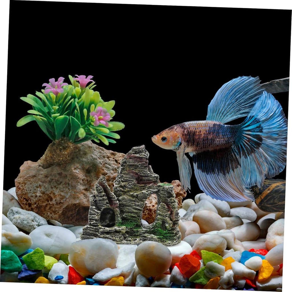 Resin Aquarium Stone Cave with Artificial Moss – Natural Rock Mountain Ornament for Fish Tank, Shrimp & Betta Hiding, Reptile Habitat Decoration, Small Landscape Terrain Accessory for Aquatic Decor