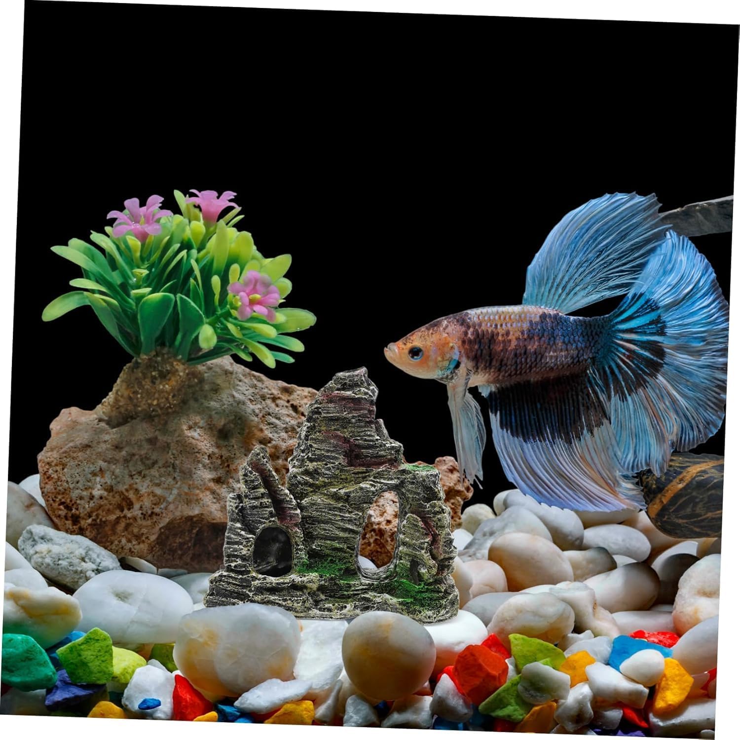 Resin Aquarium Stone Cave with Artificial Moss – Natural Rock Mountain Ornament for Fish Tank, Shrimp & Betta Hiding, Reptile Habitat Decoration, Small Landscape Terrain Accessory for Aquatic Decor