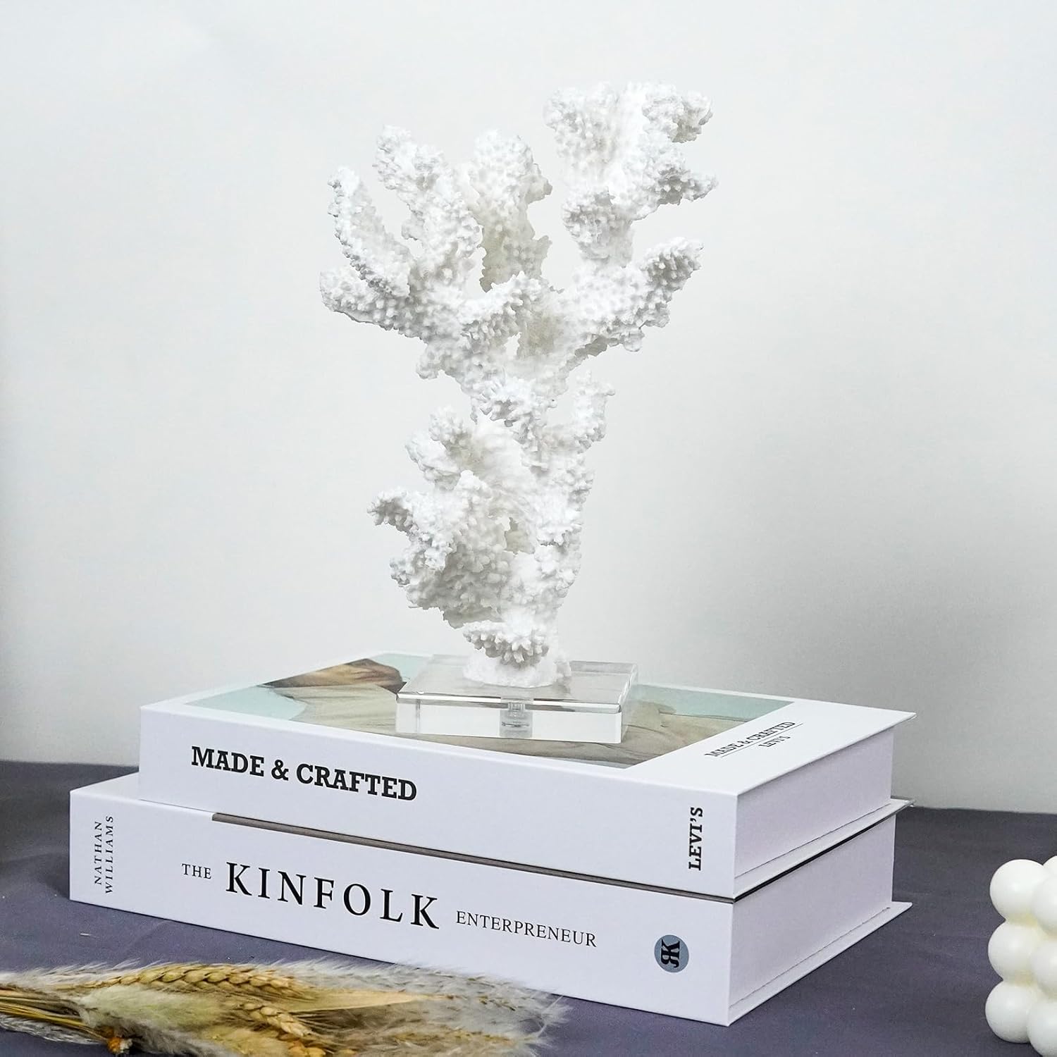 Coral Beach Decor, 9.5'' High x 5.2'' Width Artificial Resin Coral Reef Statue for Ocean Coastal Beach Nautical Themed Room Bathroom Decor for Home,RB1002W,White