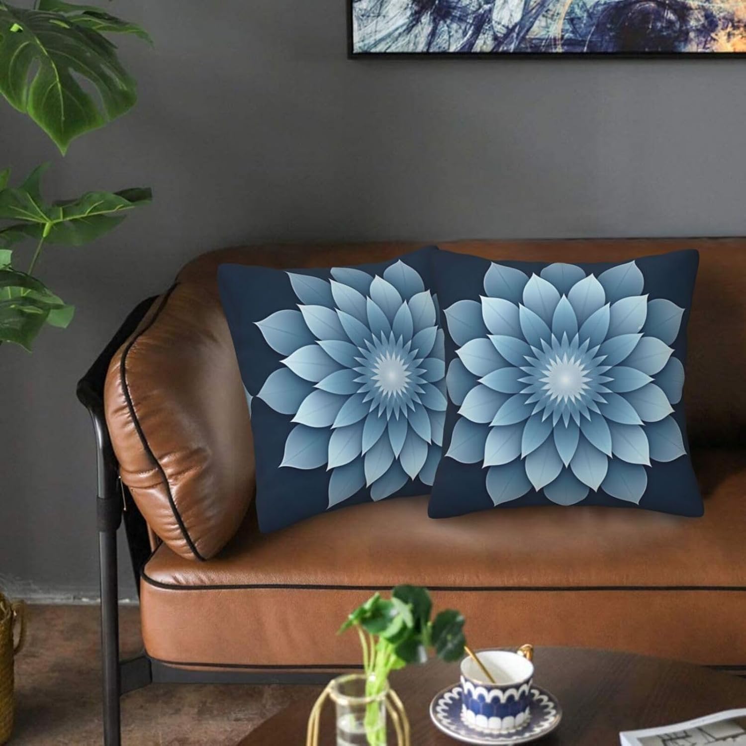 Soothing Blue Floral Mandala Throw Pillowcases Set of 2 All-Season Soft Pillow Covers with Hidden Zipper,Durable for Sofa Bed Car Decor & Gift 18x18Inch