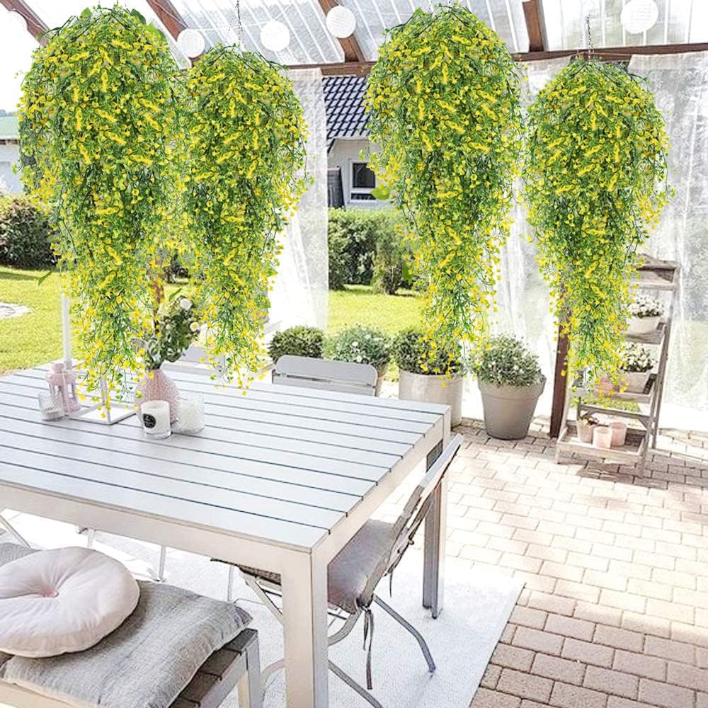 RECUTMS 4 pcs Artificial Hanging Plants Fake Hanging Plants Hanging Flowers Artificial Decor Fake Vines with Fake Flowers Indoor and Outdoor Decoration（Yellow）
