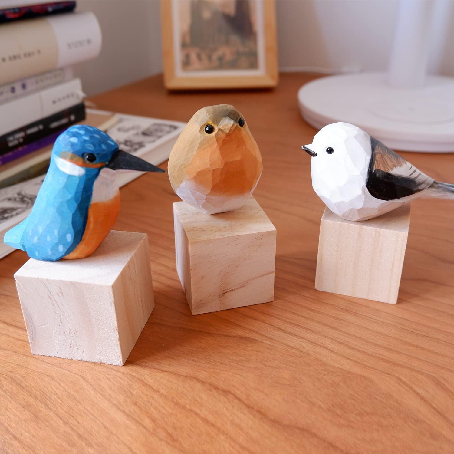 Handmade Wooden Carved Bird Decor Sculpted Hand-Painted Bird Figurines Small Home Decor Bird Statue Shelf Decor BFF Gifts for Bird Lovers (Suit 1)