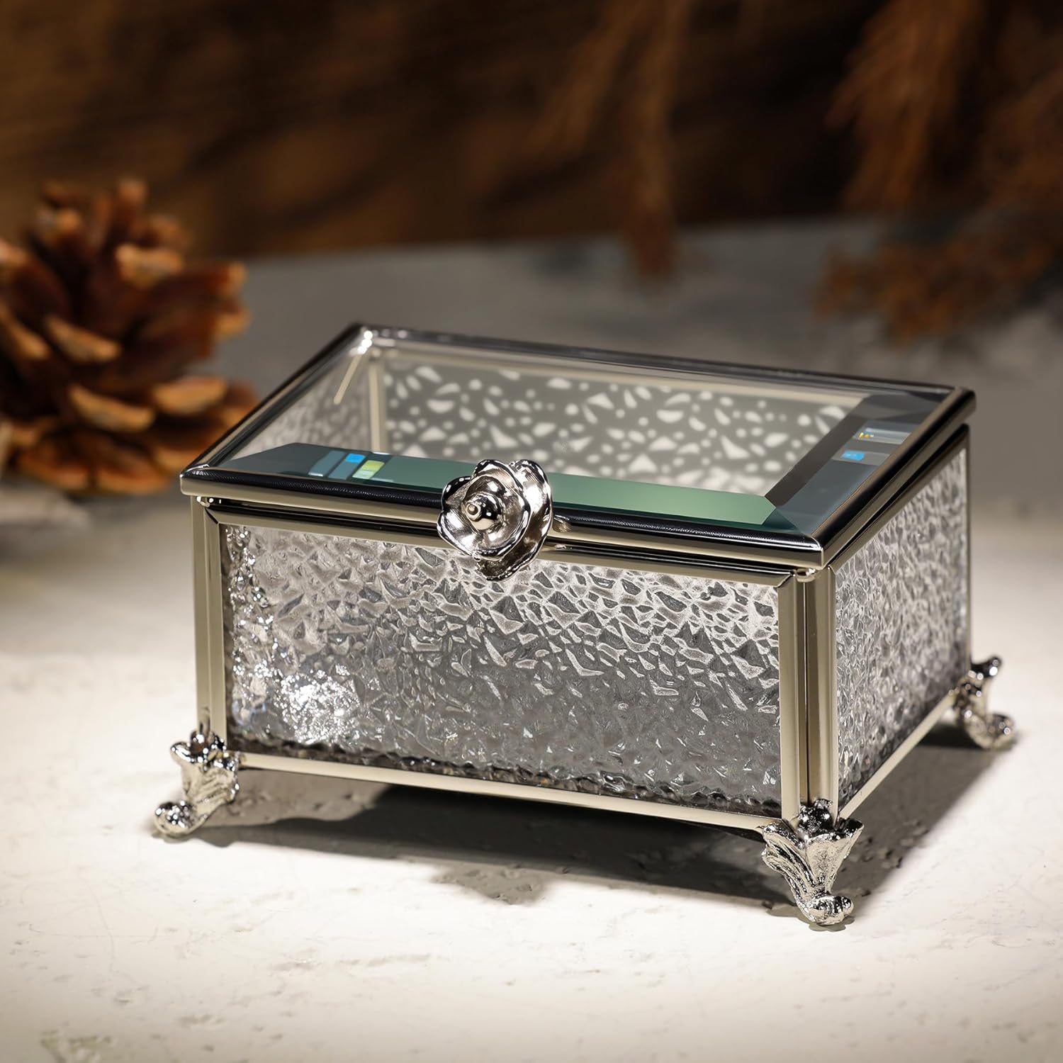 Glass Vintage Jewelry Box Keepsake storage Trinket Ring Display Box Home Decor Embossed Clear Glass Boxes Organizer(3.9x2.7x2.3Inches)