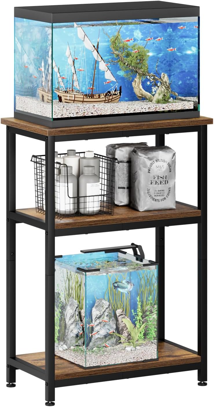 APPLOYN 5-10 Gallon Fish Tank Stand, Aquarium Stand with 3-Tier Storage Shelf, Heavy Duty Metal Frame for Turtle Reptile Terrarium Tank Stand, for Living Room, 20.5" L x 11.4" W x29.2" H, Vintage Brown
