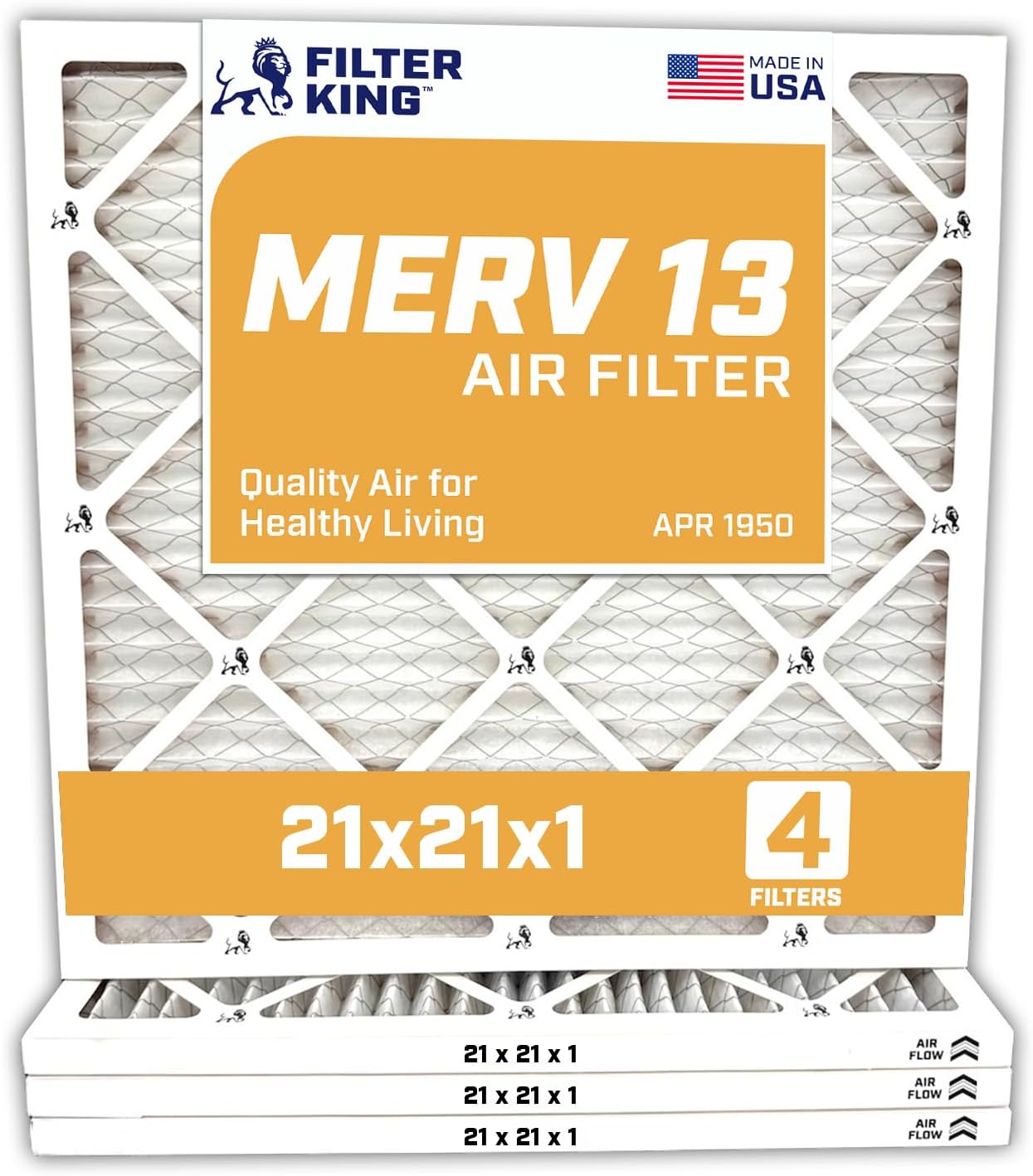 Filter King 21x21x1 Air Filter | 4-PACK | MERV 13 HVAC Pleated A/C Furnace Filters | MADE IN USA | Actual Size: 21 x 21 x .75"