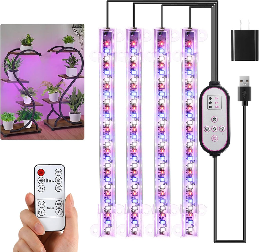 7.8'' Growing Lamp for Indoor Plants, Red & Blue & Yellow Full Spectrum, LED Grow Light Strips with 4/8/12H Timer,10 Dimmable Levels for Green House Succulent,4 Head
