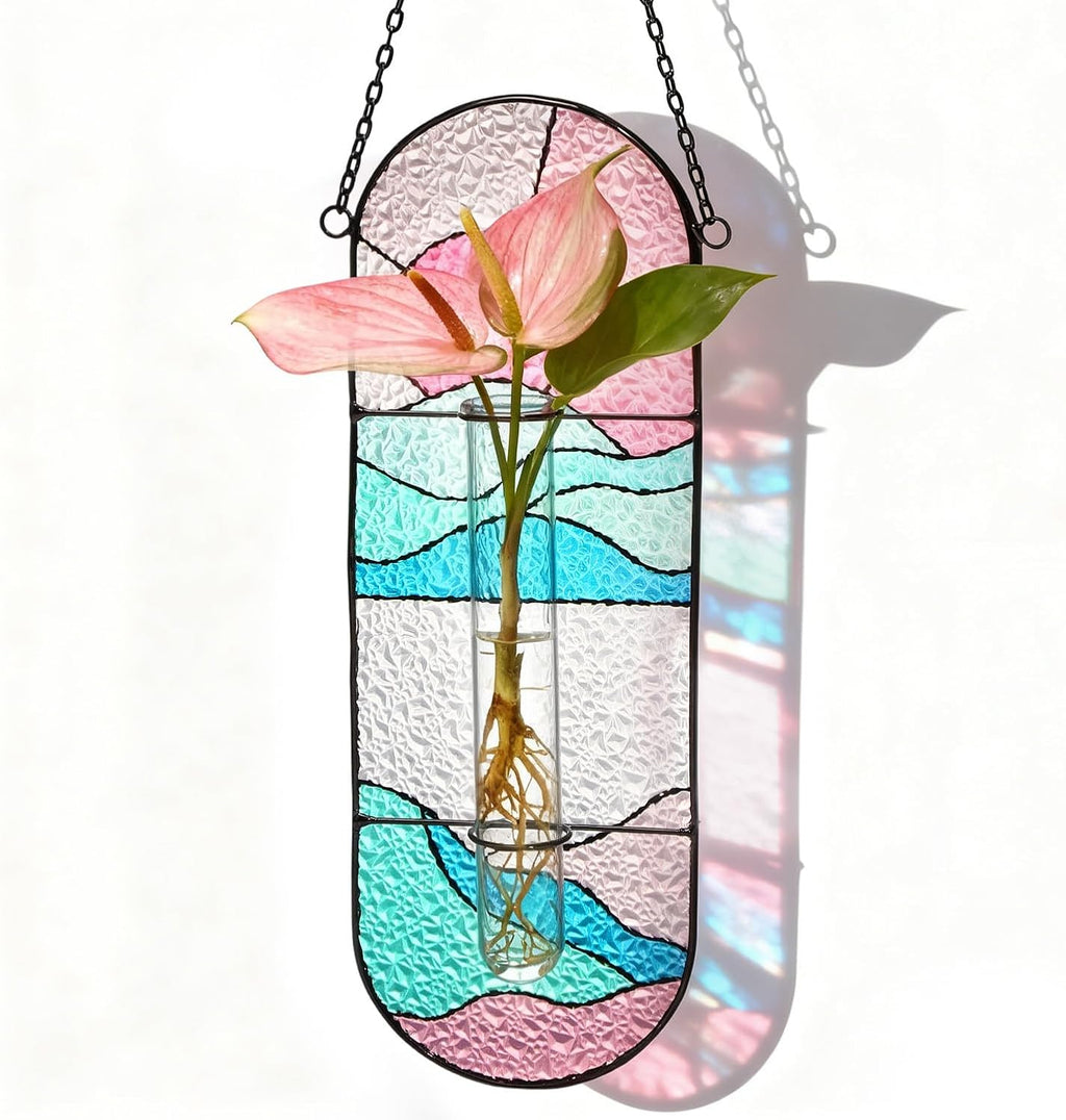 Stained Glass Plant Propagation Stations - Handmade Sunshine Catcher Hydroponic Planter Window Hanging with Glass Tubes, Christmas Terrarium Decor Gifts for Women Mom Plant Lovers, Pink