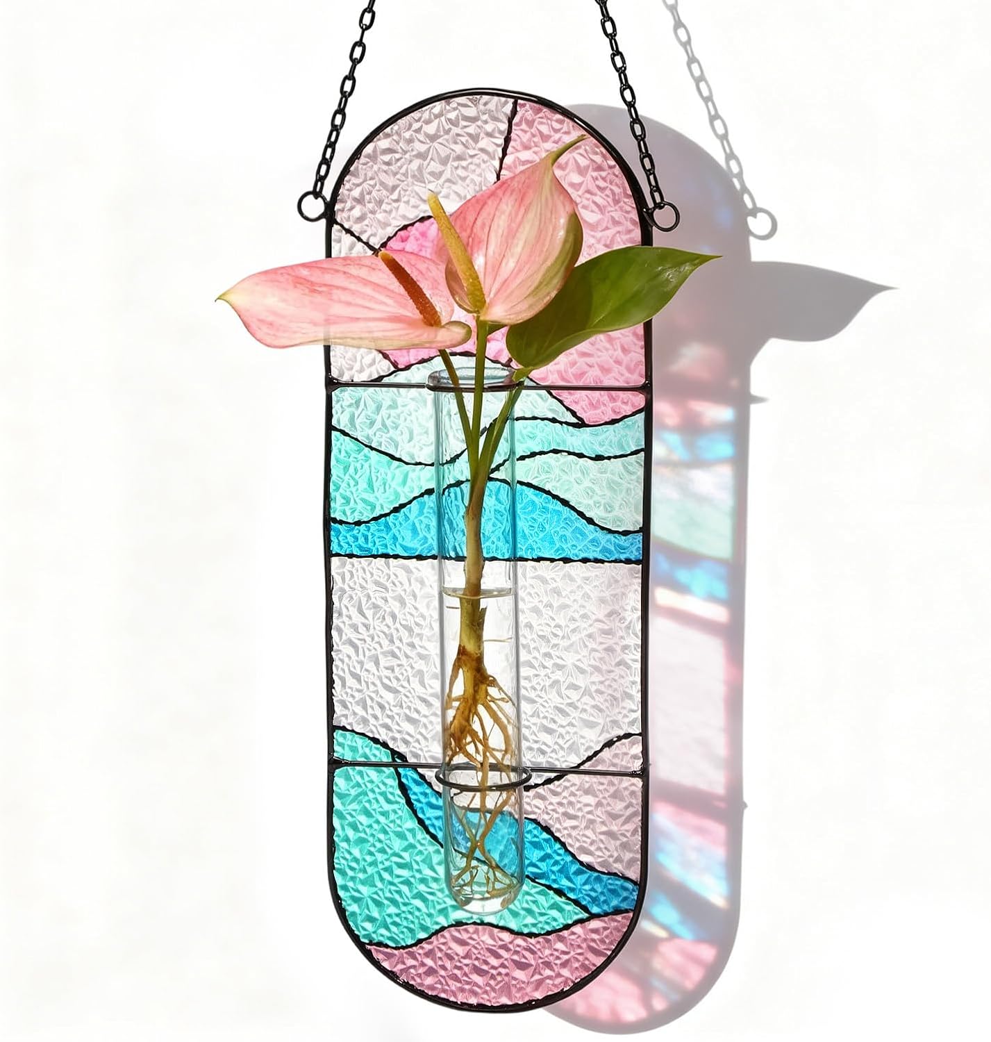 Stained Glass Plant Propagation Stations - Handmade Sunshine Catcher Hydroponic Planter Window Hanging with Glass Tubes, Christmas Terrarium Decor Gifts for Women Mom Plant Lovers, Pink