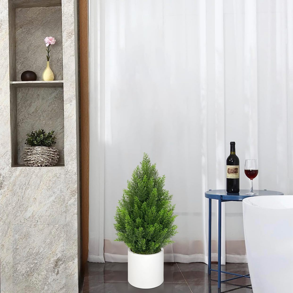 Briful 27” Artificial Cedar Topiary Tree in White Planter, 2PCS – Realistic Faux Evergreen Floor Plant with Layered Leaves, Decorative Indoor Outdoor Potted Shrub for Home, Office, Patio, Porch