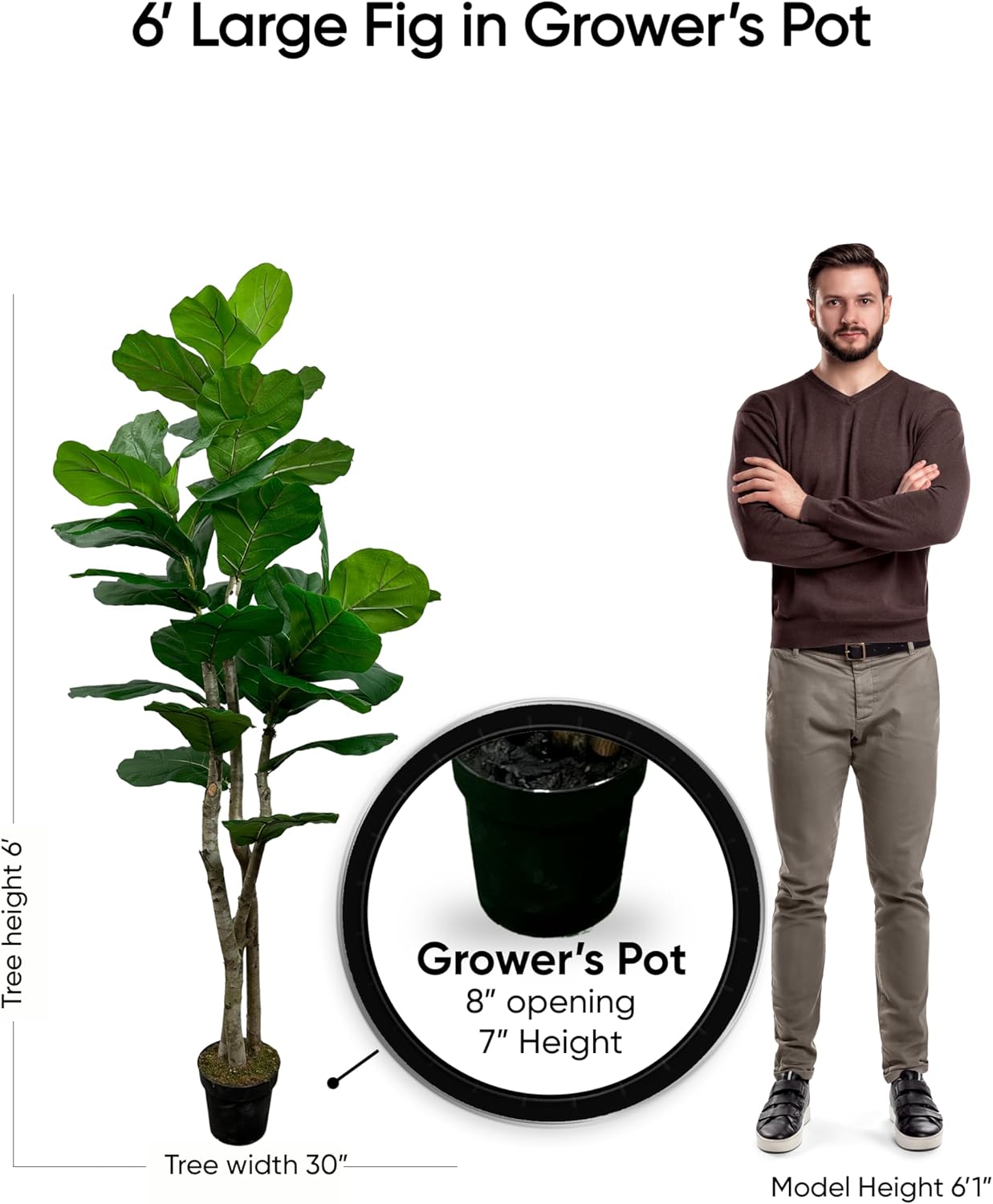 Cypress & Alabaster Handmade 6ft Oversized Fiddle Leaf Fig Ficus Lyrata Artificial Tree with Ethically Sourced Real Wood Trunks, Hypoallergenic, 6-Foot, Green