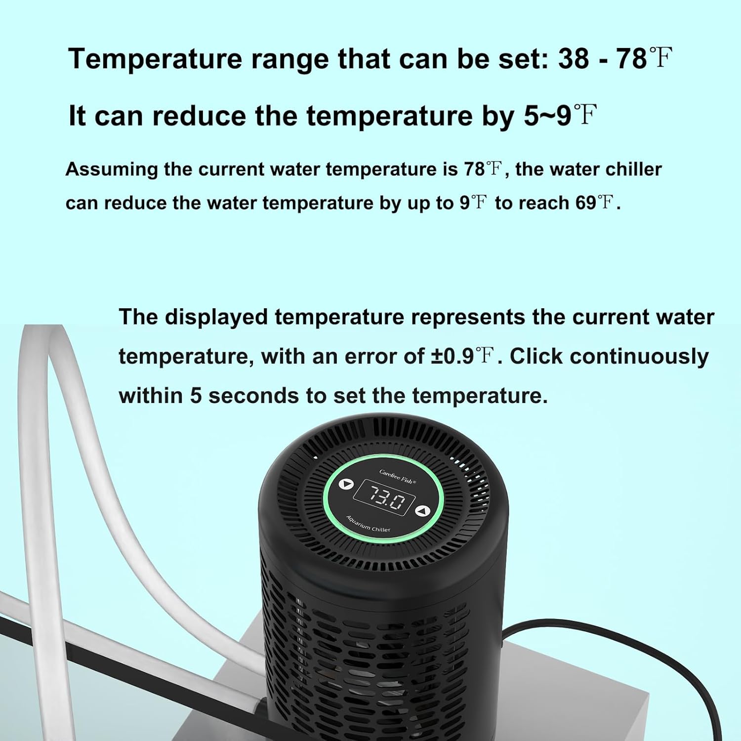 Carfree Fish Aquarium Chiller Semiconductor Technology Cooling Water Low Noise 36dB Long Service Life Small Size Energy-Saving for ≤12Gal Tank(Patent No.: US D1065431S)