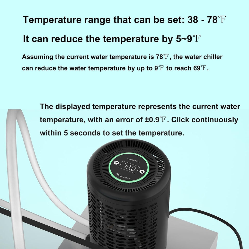Carfree Fish Aquarium Chiller Semiconductor Technology Cooling Water Low Noise 35dB Long Service Life Small Size Energy-Saving for ≤8Gal Tank(Patent No.: US D1065431S)