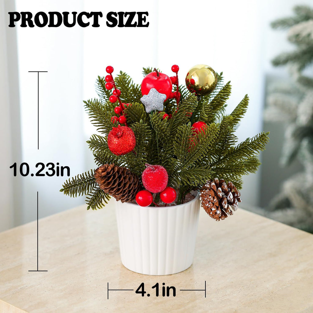 12 Inch Tabletop Christmas Tree with White Ceramic Potted,Mini Christmas Tree Holiday Decorations with Apples Pine Cones Gold Xmas Ball Berries for Home Indoor Xmas Tabel Decor
