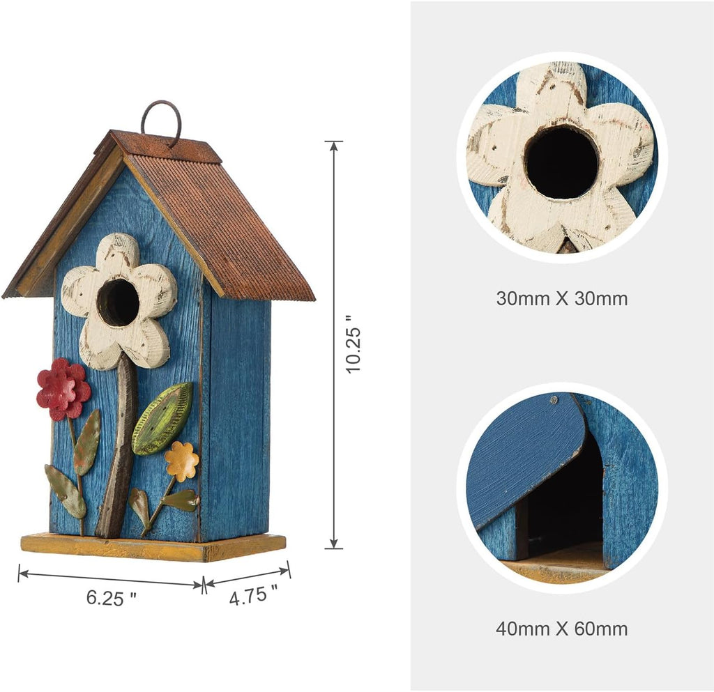 Glitzhome 10.2" H Hanging Bird House for Outdoor Patio Garden Decorative BirdHouse Pet Cottage Distressed Wooden Birdhouse with 3D Flowers, Washed Blue