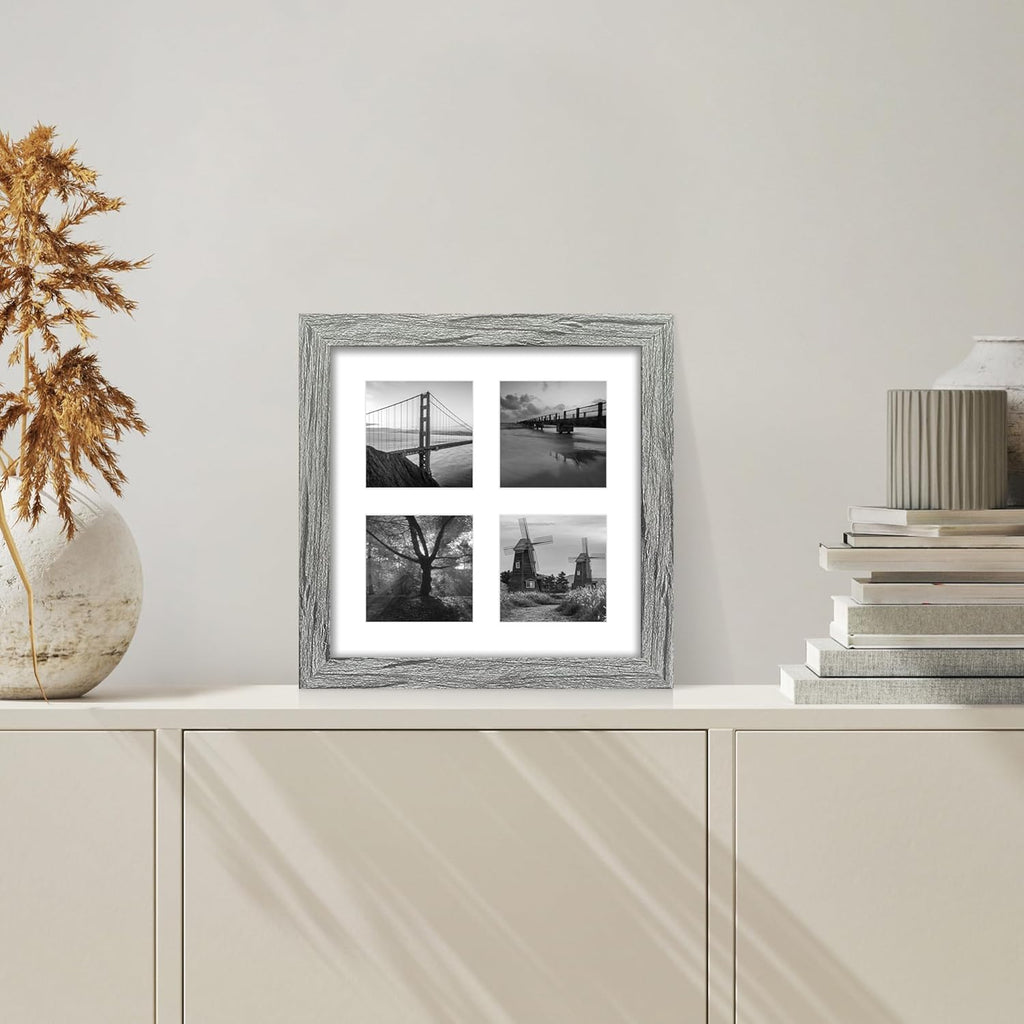 10x10 Picture Frame Set of 2, Real Glass and Grey Collage Frame, Display Pictures Four Opening 4x4 With Mat or 10 x 10 Without Mat for Wall Hanging or Tabletop
